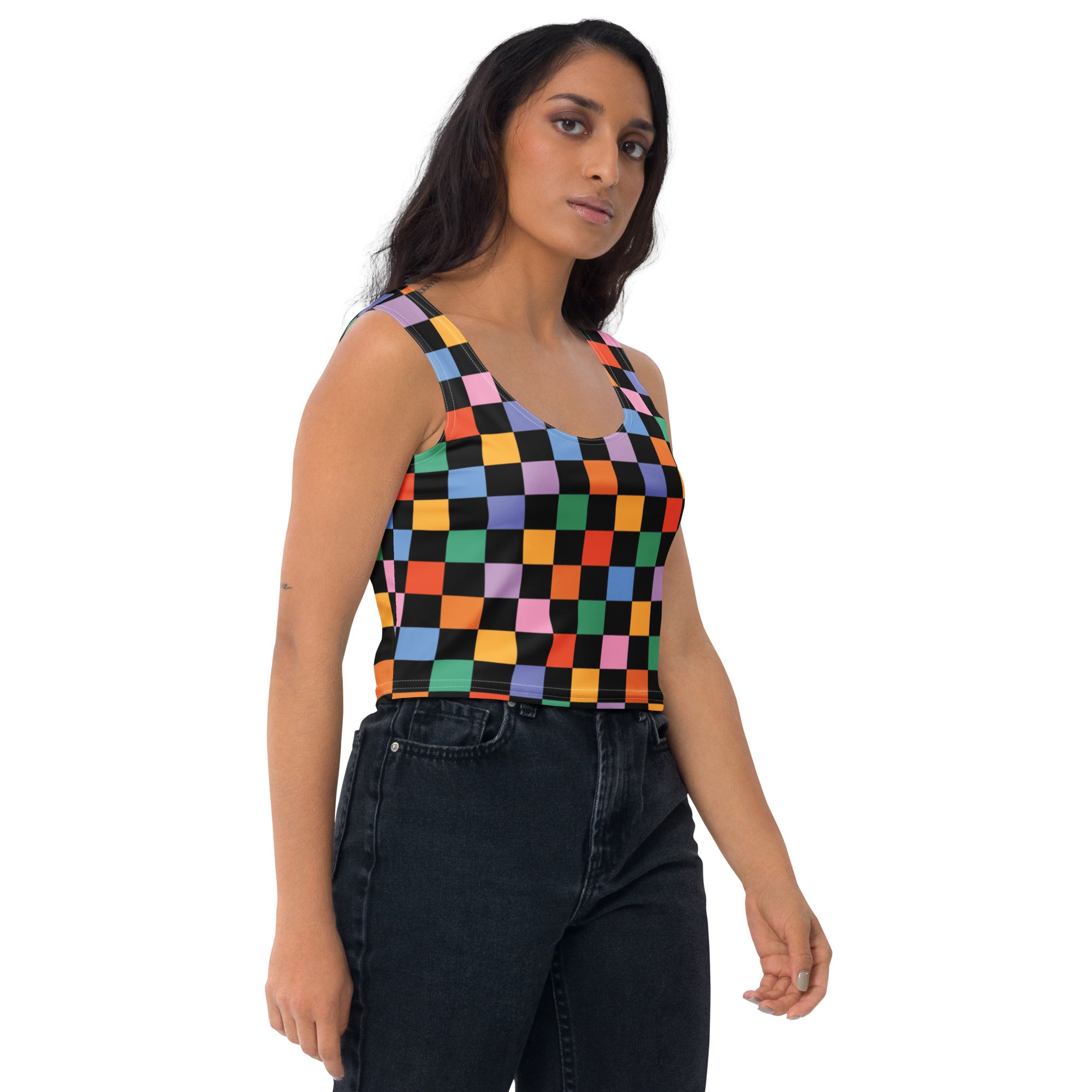 Women's Black Colorful Checkerboard Buttery Soft Crop Top- Quick-Drying UPF 50+ Stretch Top