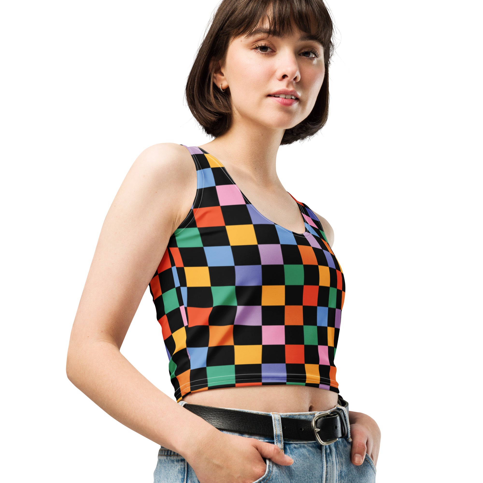Women's Black Colorful Checkerboard Buttery Soft Crop Top- Quick-Drying UPF 50+ Stretch Top