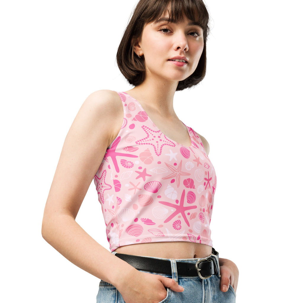 Women's Pink Starfish & Shells Buttery Soft Crop Top- Quick-Drying UPF 50+ Stretch Top