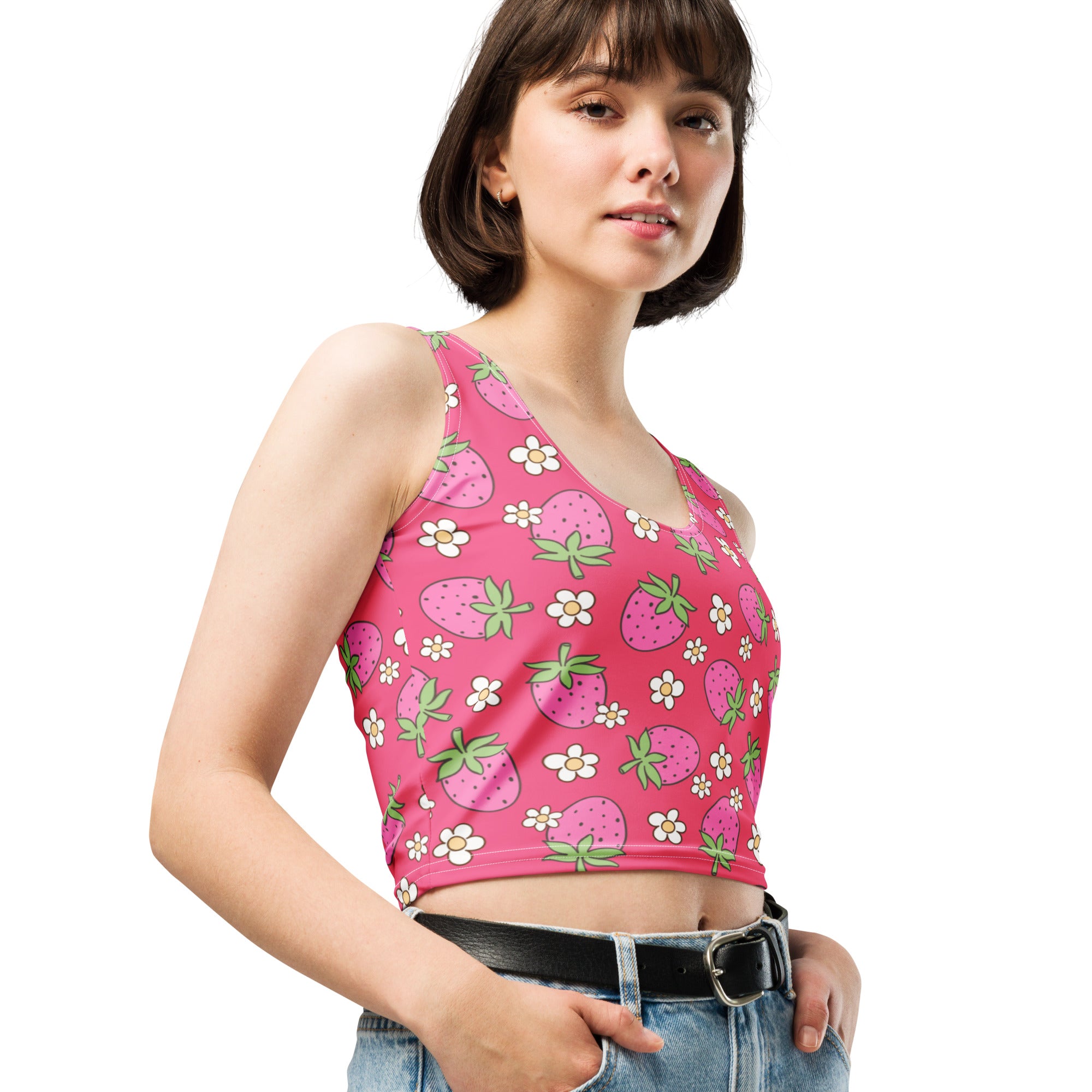 Women's Pink Strawberry Daisy Buttery Soft Crop Top- Quick-Drying UPF 50+ Stretch Top