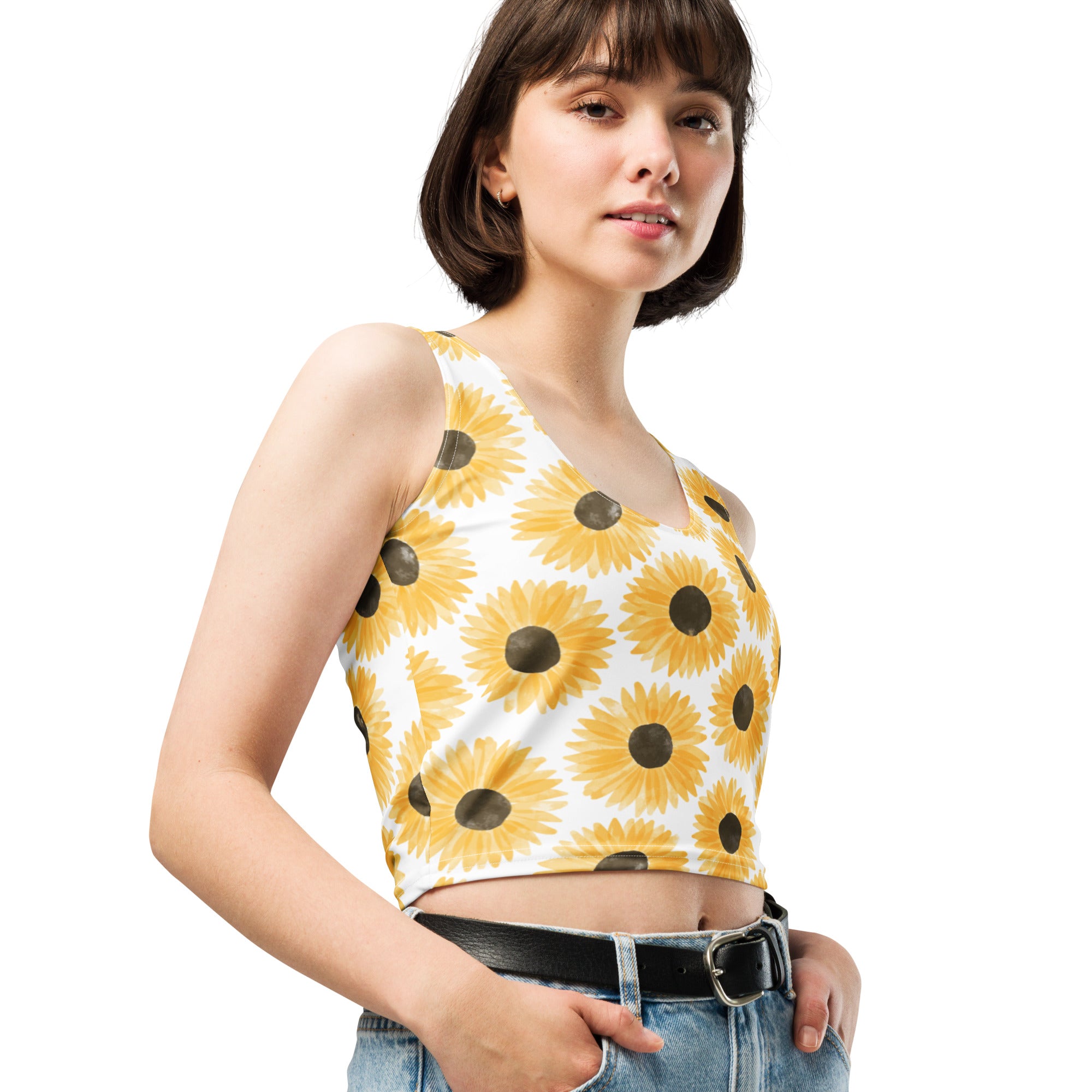 Women's Watercolor Sunflower Buttery Soft Crop Top- Quick-Drying UPF 50+ Stretch Top