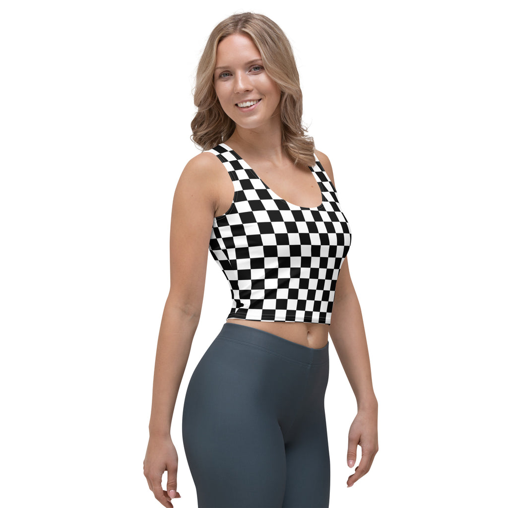 Women's Black Checkered Buttery Soft Crop Top- Quick-Drying UPF 50+ Stretch Top