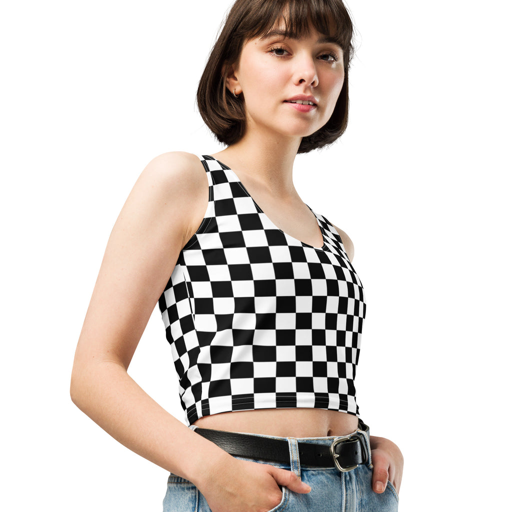 Women's Black Checkered Buttery Soft Crop Top- Quick-Drying UPF 50+ Stretch Top
