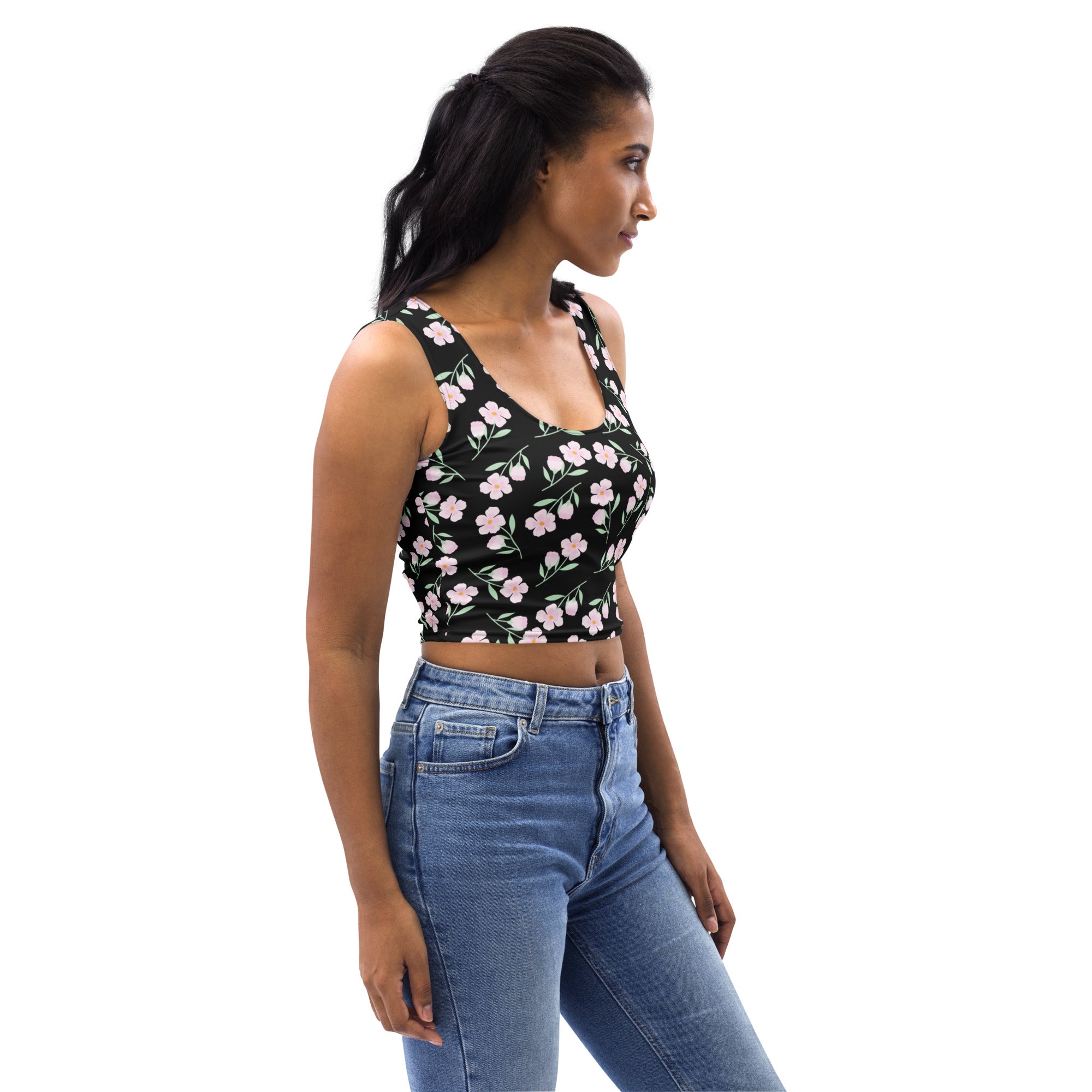 Women's Black Floral Buttery Soft Crop Top- Quick-Drying UPF 50+ Stretch Top