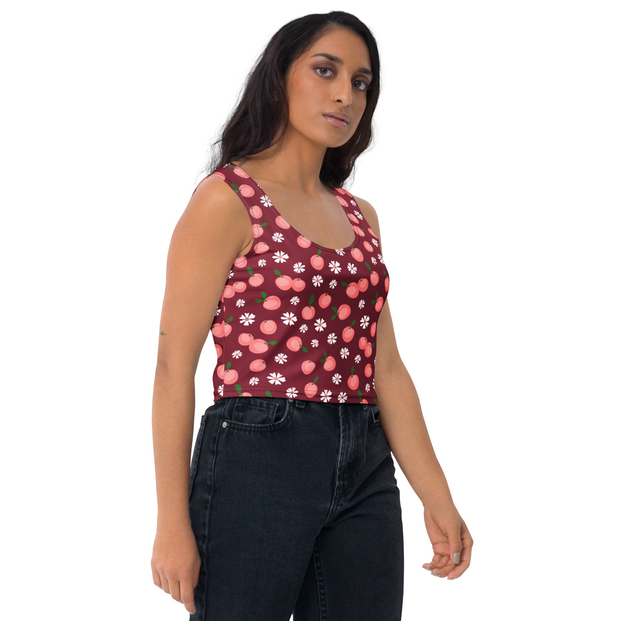 Women's Cherry Daisy Buttery Soft Crop Top- Quick-Drying UPF 50+ Stretch Top