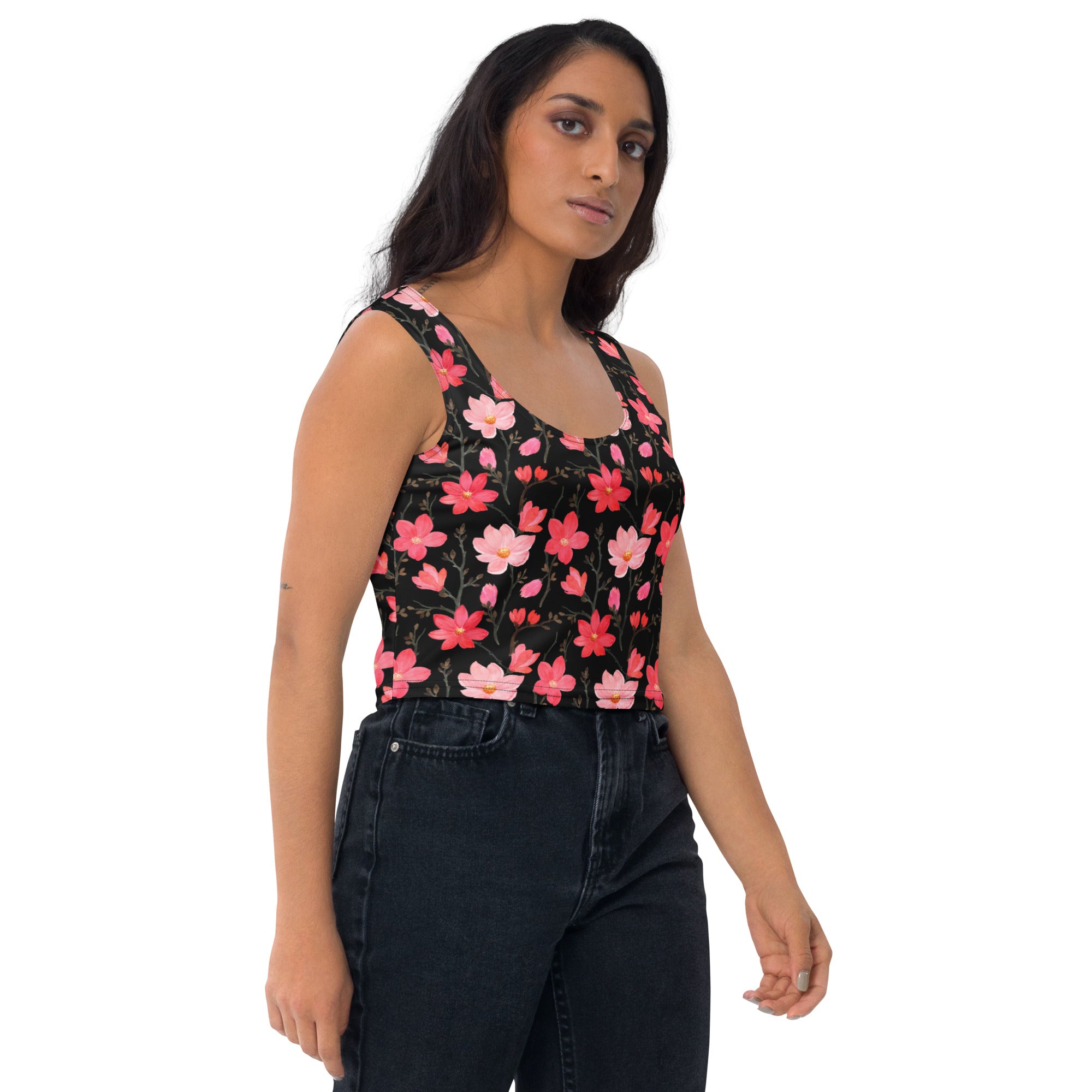 Women's Watercolor Pink Flowers Buttery Soft Crop Top- Quick-Drying UPF 50+ Stretch Top