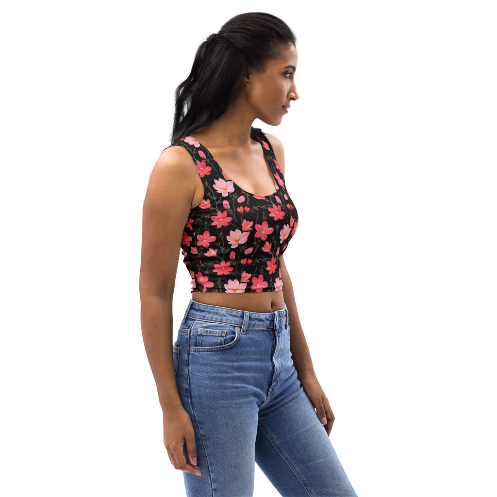 Women's Watercolor Pink Flowers Buttery Soft Crop Top- Quick-Drying UPF 50+ Stretch Top