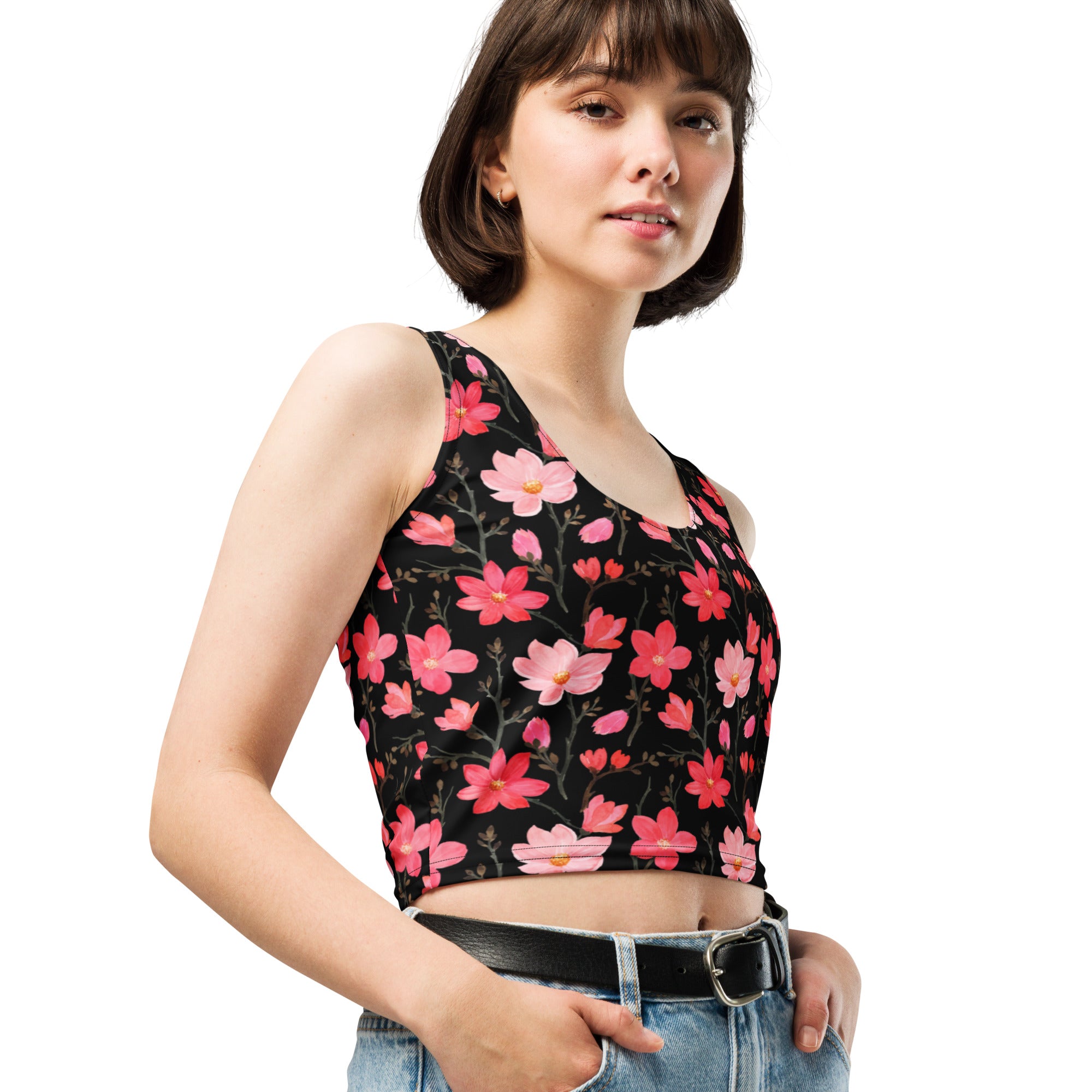 Women's Watercolor Pink Flowers Buttery Soft Crop Top- Quick-Drying UPF 50+ Stretch Top