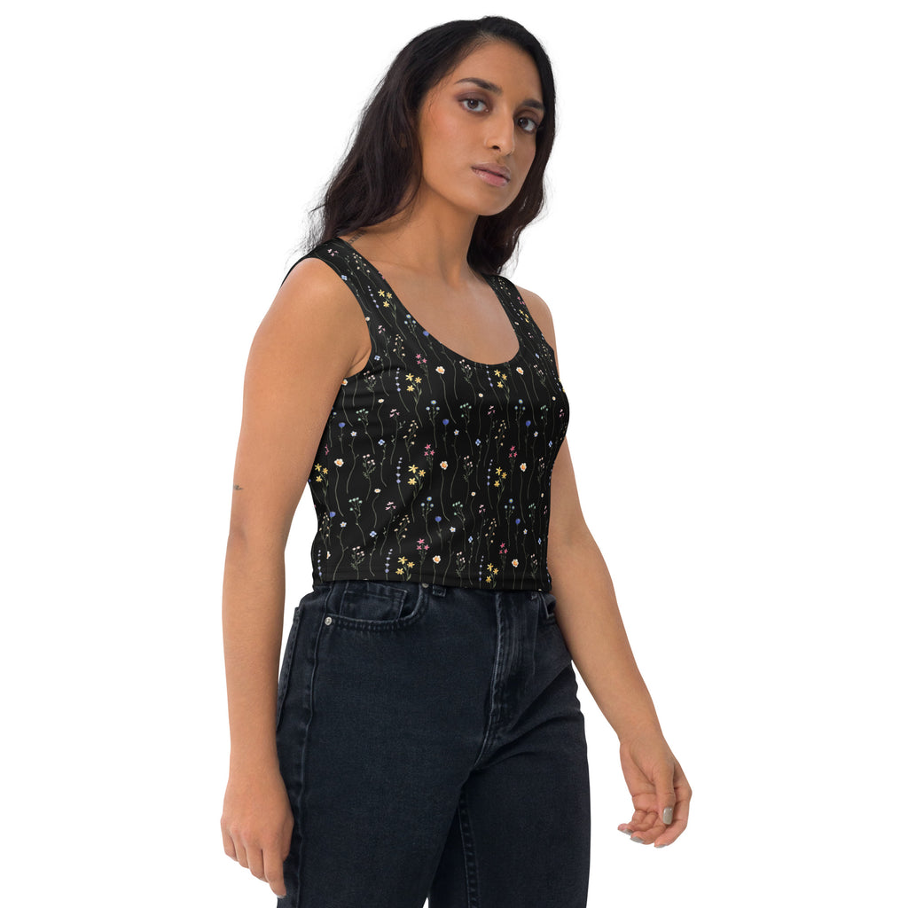Women's Black Wildflower Buttery Soft Crop Top- Quick-Drying UPF 50+ Stretch Top