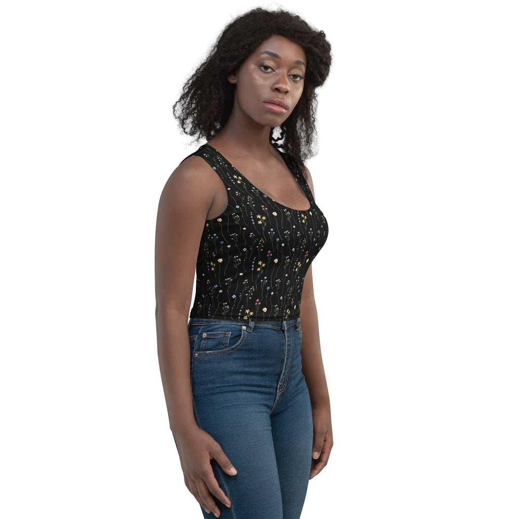 Women's Black Wildflower Buttery Soft Crop Top- Quick-Drying UPF 50+ Stretch Top