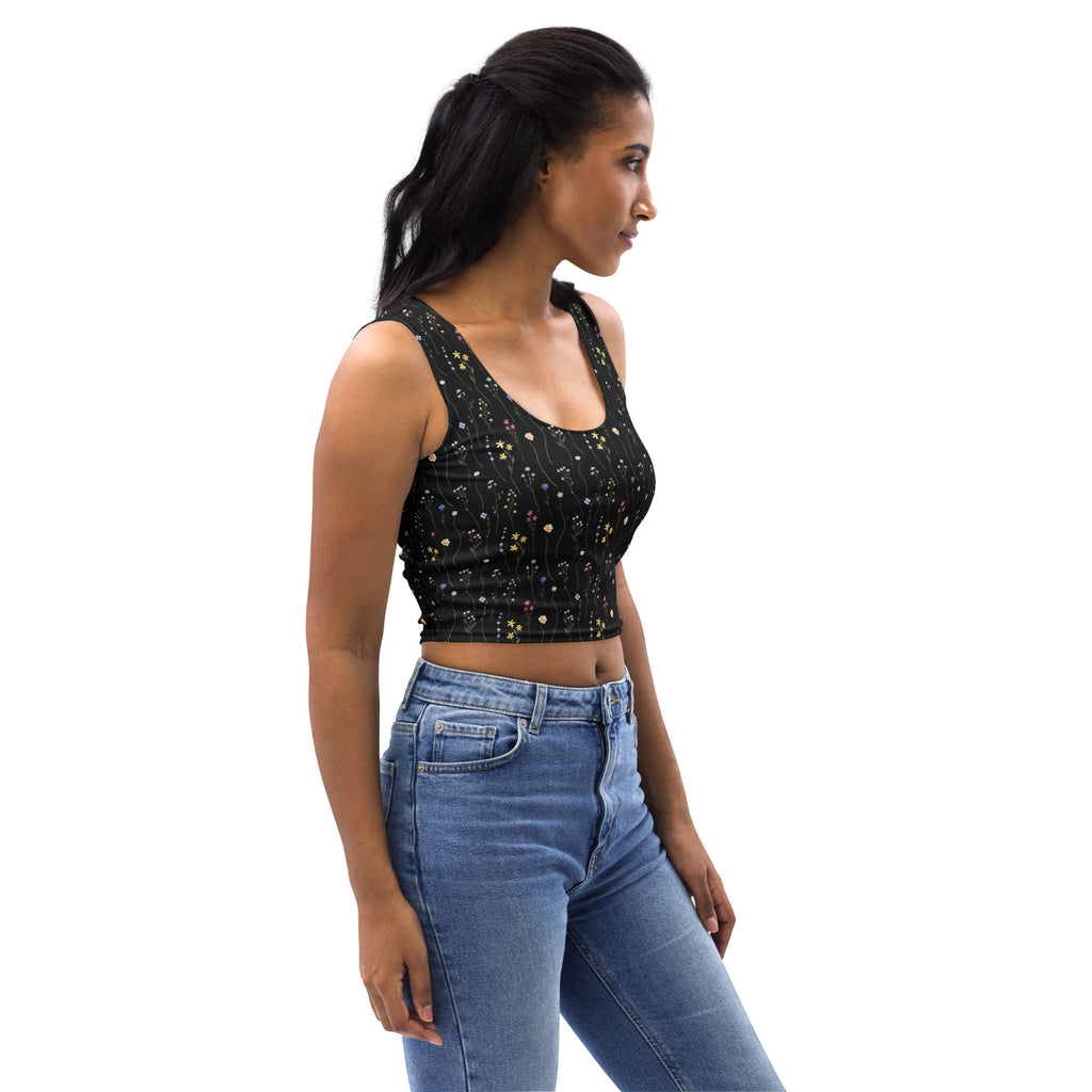 Women's Black Wildflower Buttery Soft Crop Top- Quick-Drying UPF 50+ Stretch Top