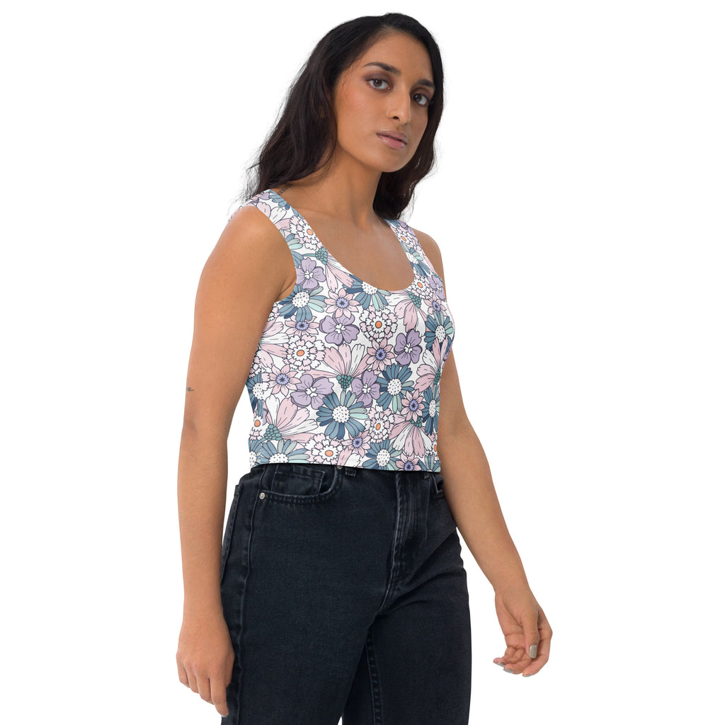 Women's Pastel Purple Daisy Buttery Soft Crop Top- Quick-Drying UPF 50+ Stretch Top
