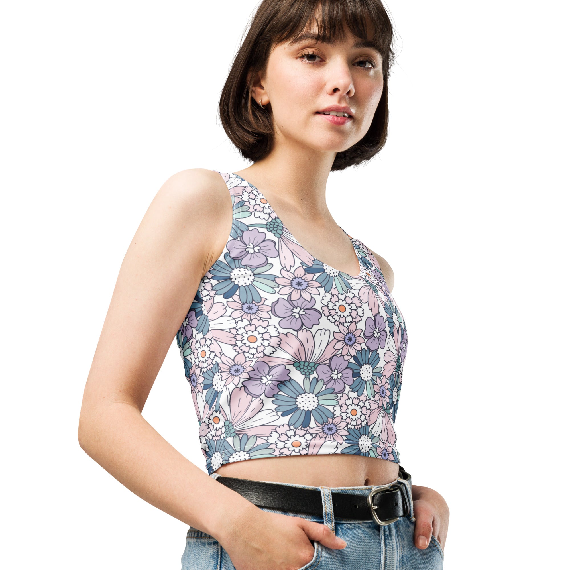 Women's Pastel Purple Daisy Buttery Soft Crop Top- Quick-Drying UPF 50+ Stretch Top