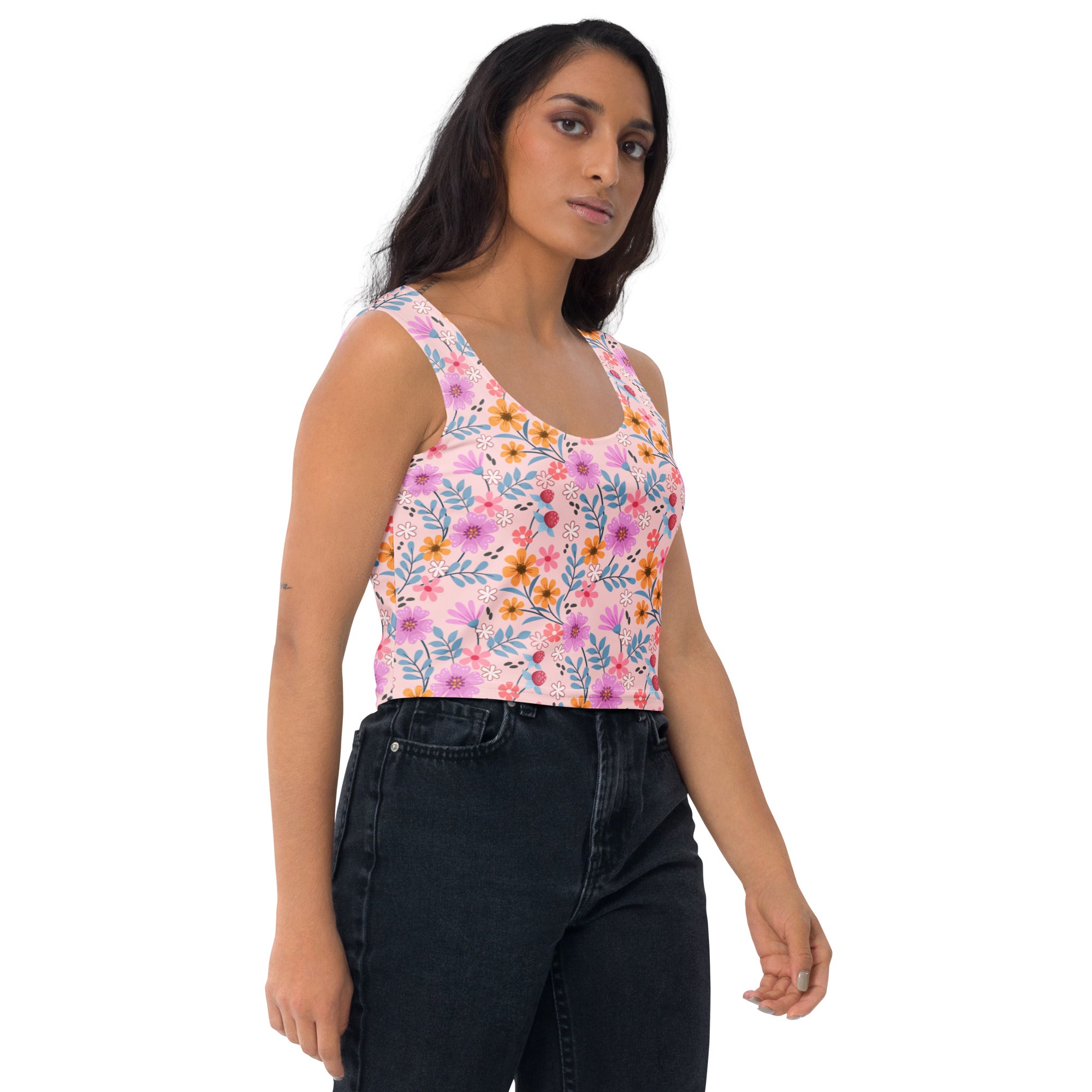 Women's Pink Floral Garden Buttery Soft Crop Top- Quick-Drying UPF 50+ Stretch Top