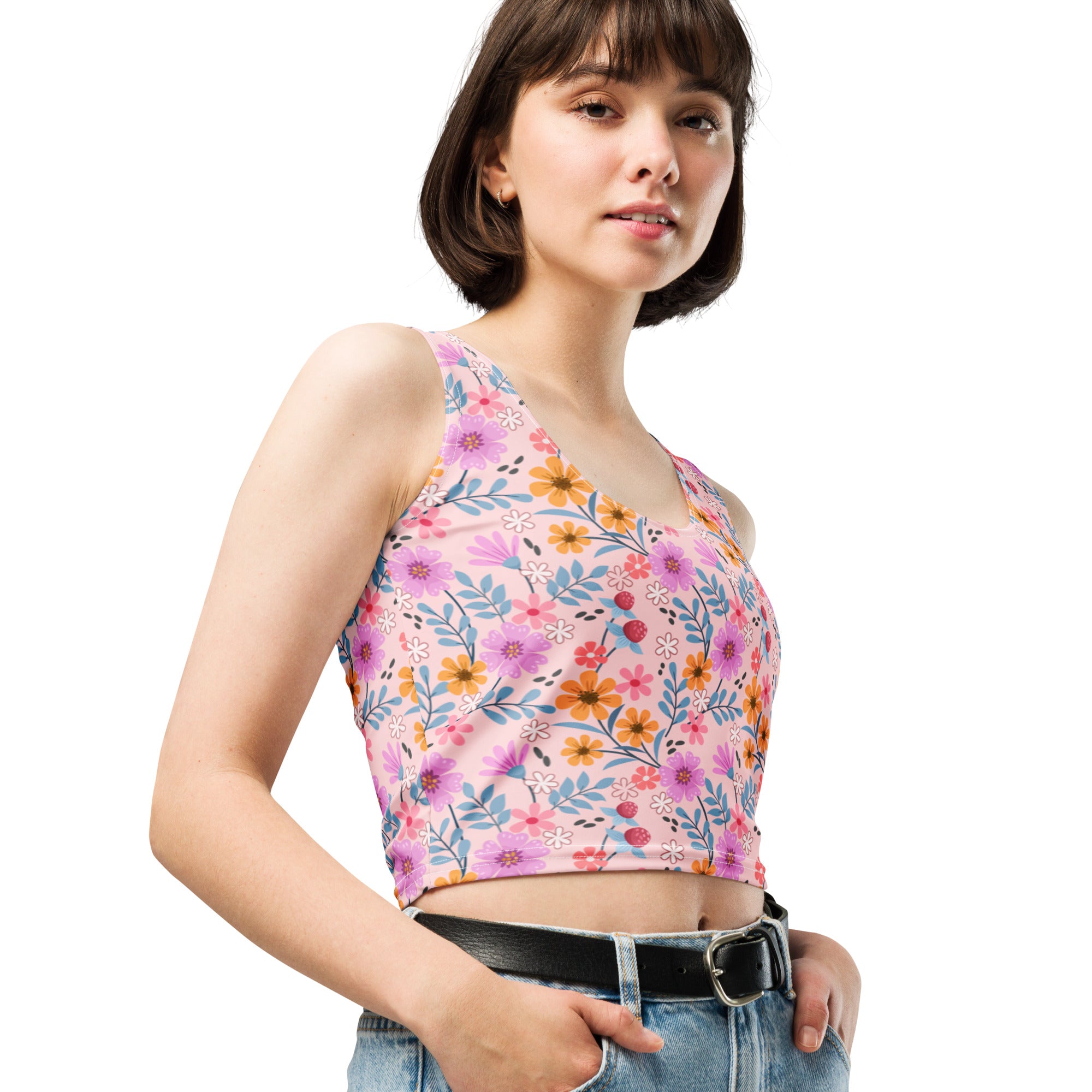 Women's Pink Floral Garden Buttery Soft Crop Top- Quick-Drying UPF 50+ Stretch Top