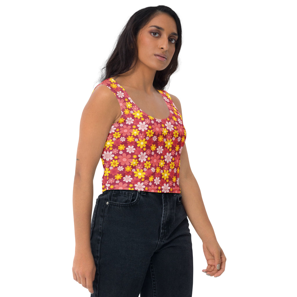 Women's Red Floral Garden Buttery Soft Crop Top- Quick-Drying UPF 50+ Stretch Top