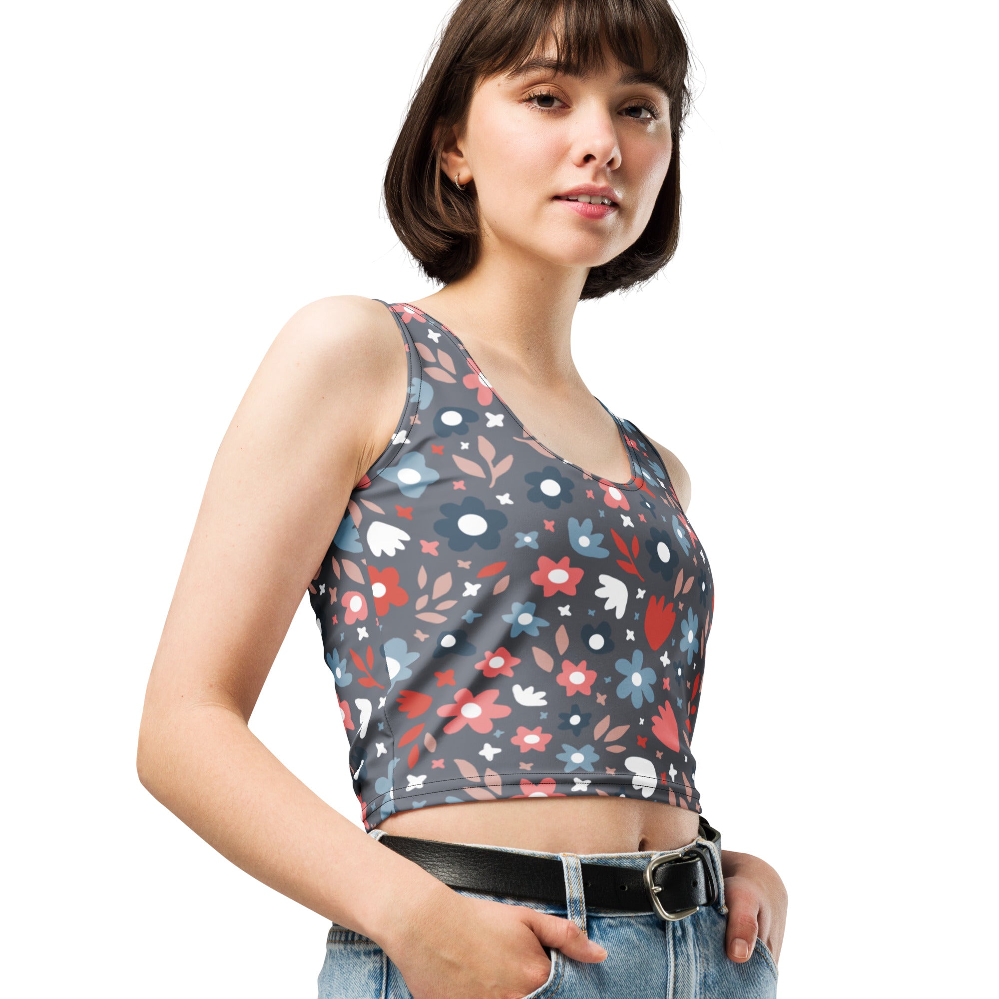 Women's Gray Floral Buttery Soft Crop Top- Quick-Drying UPF 50+ Stretch Top