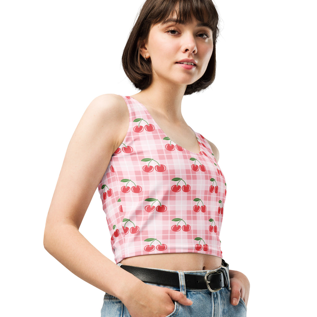 Women's Pink Gingham Cherry Buttery Soft Crop Top- Quick-Drying UPF 50+ Stretch Top