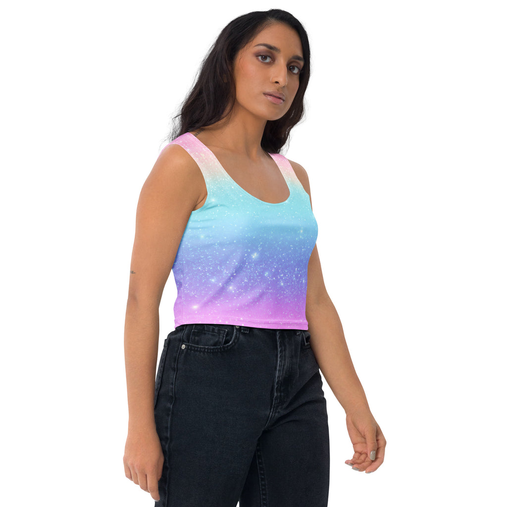Women's Faux Sparkle Effect Rainbow Buttery Soft Crop Top- Quick-Drying UPF 50+ Stretch Top