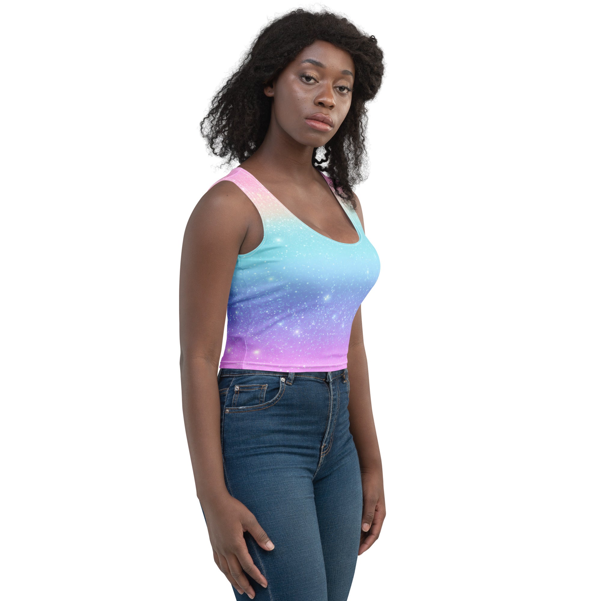 Women's Faux Sparkle Effect Rainbow Buttery Soft Crop Top- Quick-Drying UPF 50+ Stretch Top