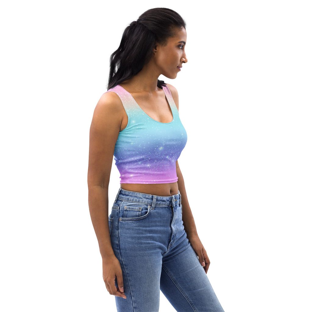 Women's Faux Sparkle Effect Rainbow Buttery Soft Crop Top- Quick-Drying UPF 50+ Stretch Top