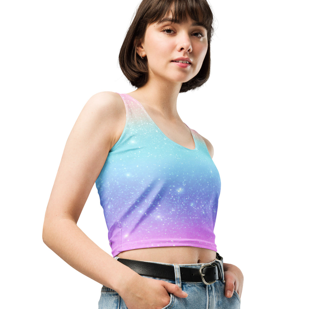 Women's Faux Sparkle Effect Rainbow Buttery Soft Crop Top- Quick-Drying UPF 50+ Stretch Top