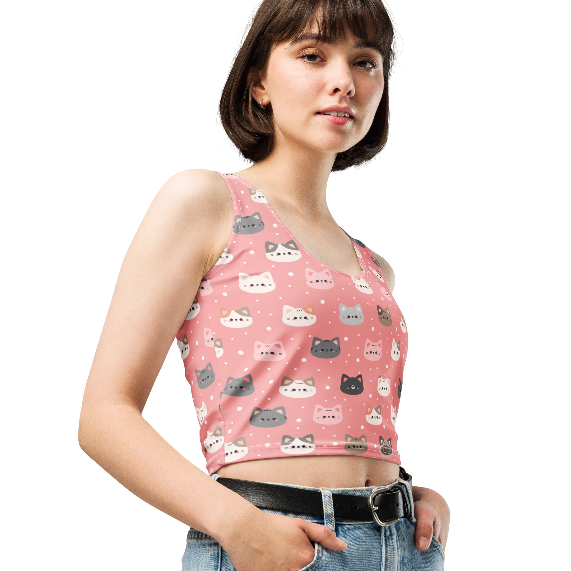 Women's Pink Cat Buttery Soft Crop Top- Quick-Drying UPF 50+ Stretch Top