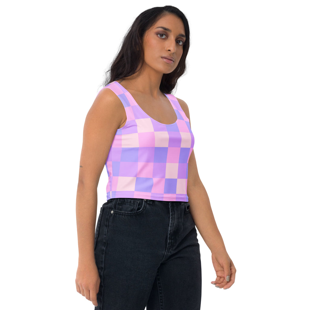 Women's Pastel Purple Gingham Buttery Soft Crop Top- Quick-Drying UPF 50+ Stretch Top