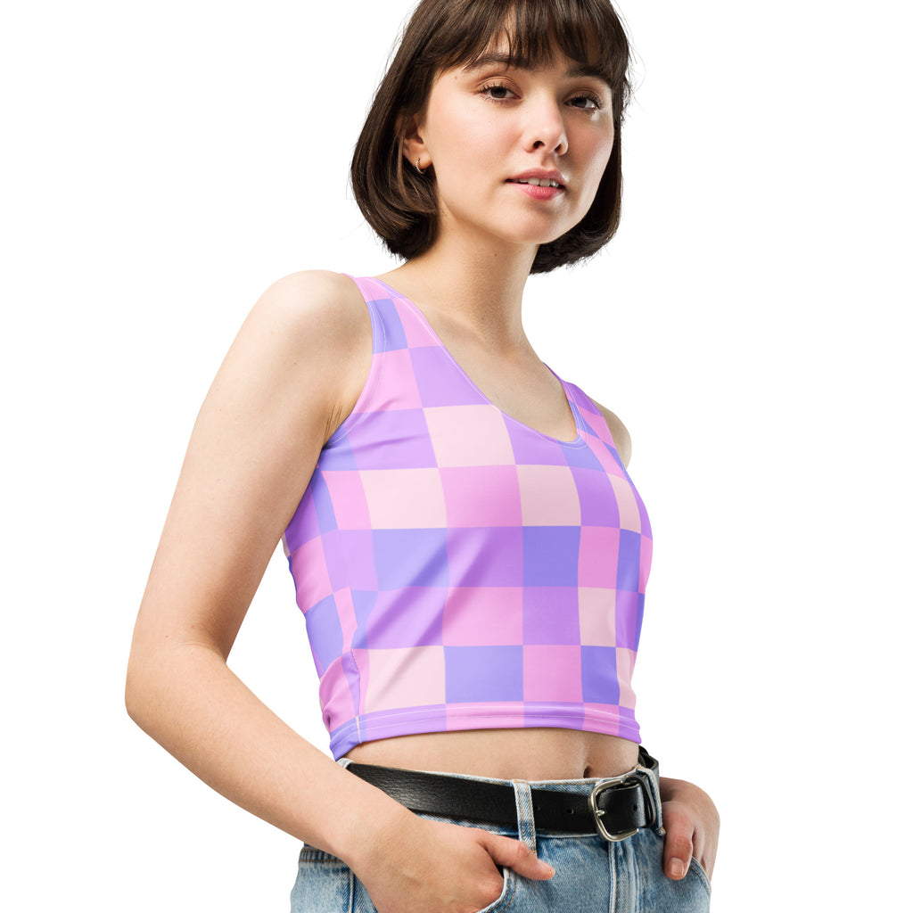 Women's Pastel Purple Gingham Buttery Soft Crop Top- Quick-Drying UPF 50+ Stretch Top