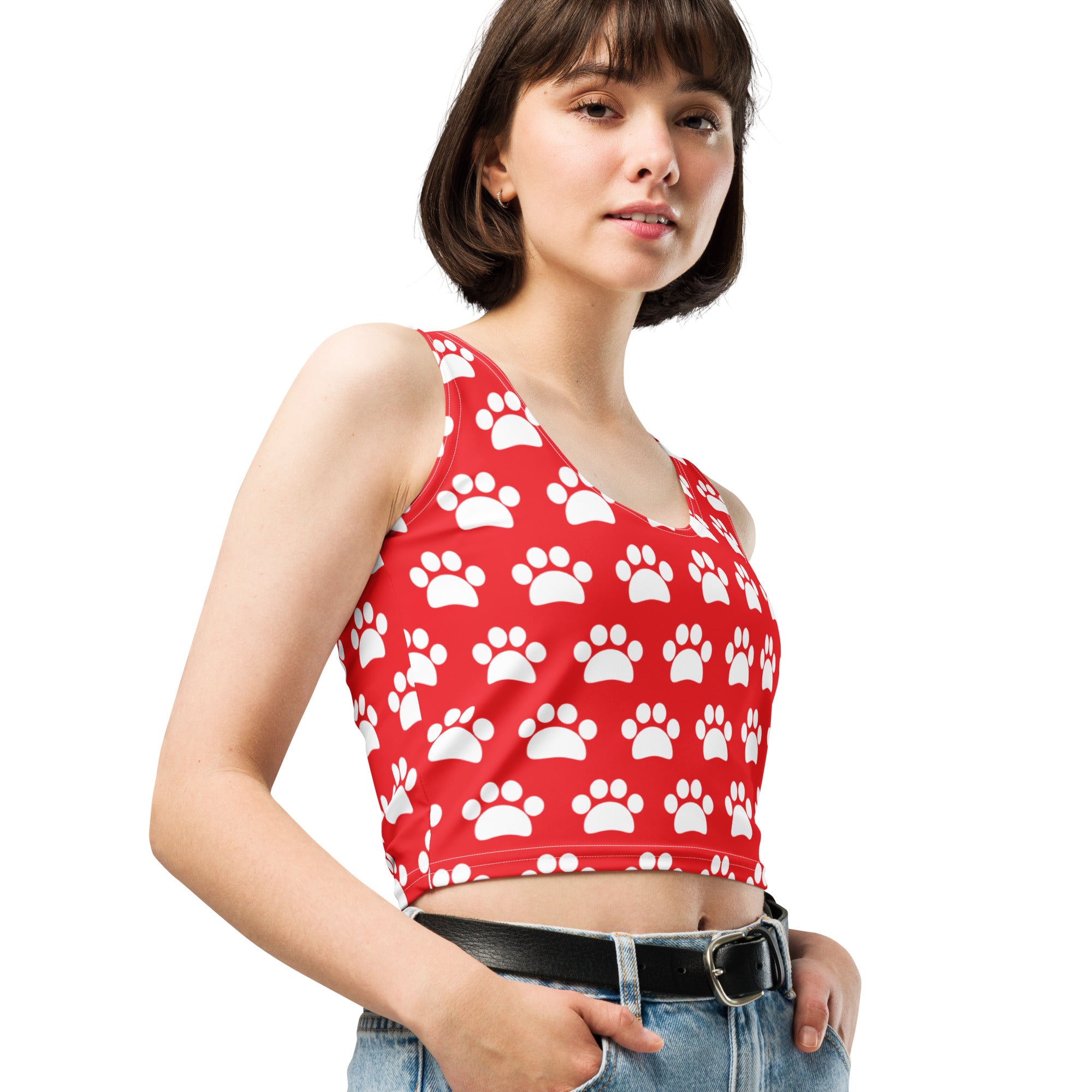 Women's Red Paw Print Buttery Soft Crop Top- Quick-Drying UPF 50+ Stretch Top