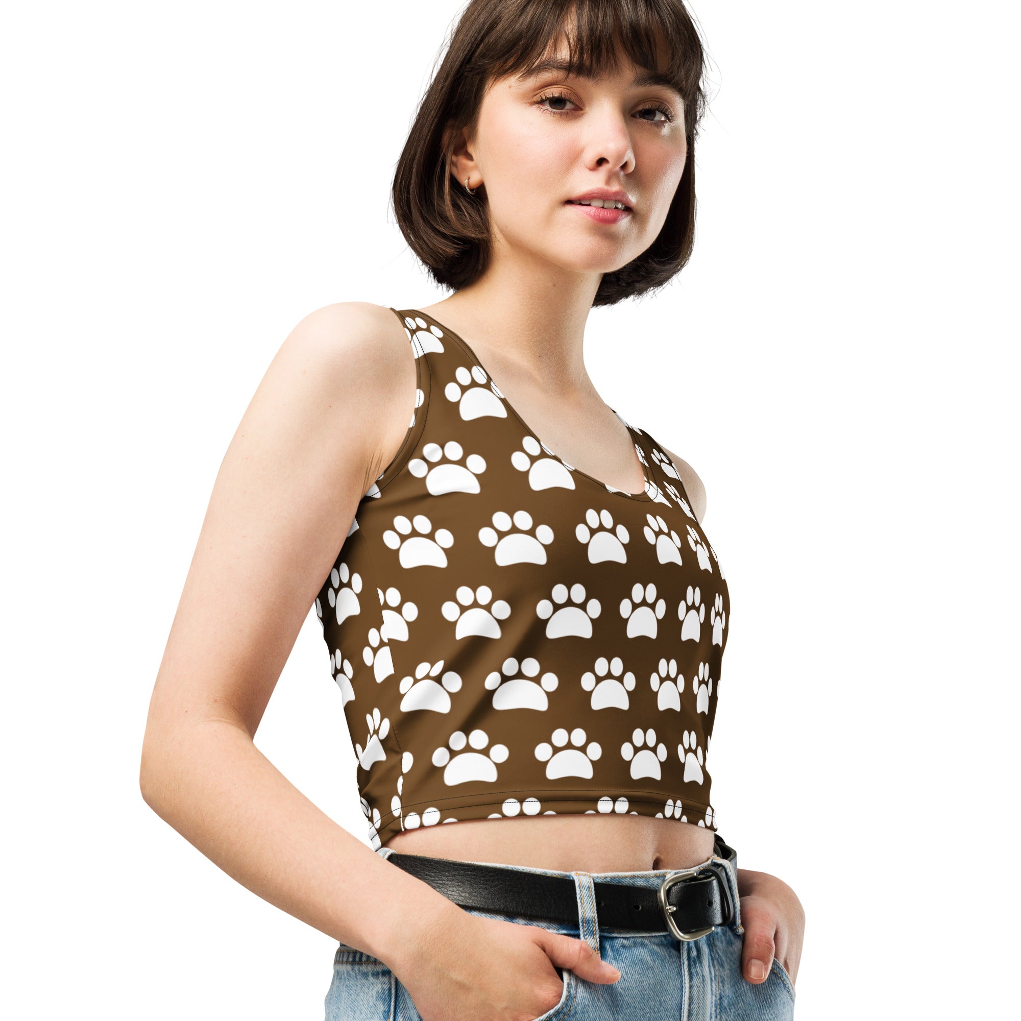 Women's Brown Paw Print Buttery Soft Crop Top- Quick-Drying UPF 50+ Stretch Top