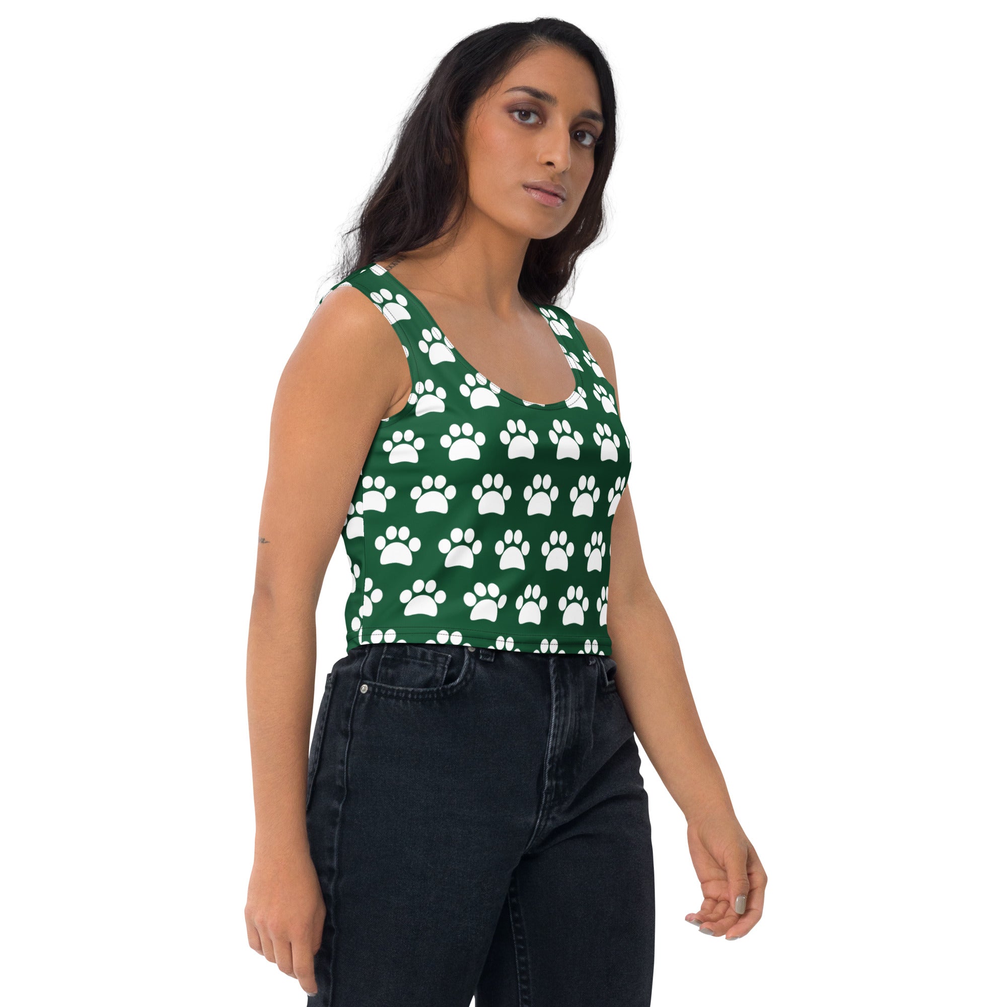 Women's Dark Green Paw Print Buttery Soft Crop Top- Quick-Drying UPF 50+ Stretch Top