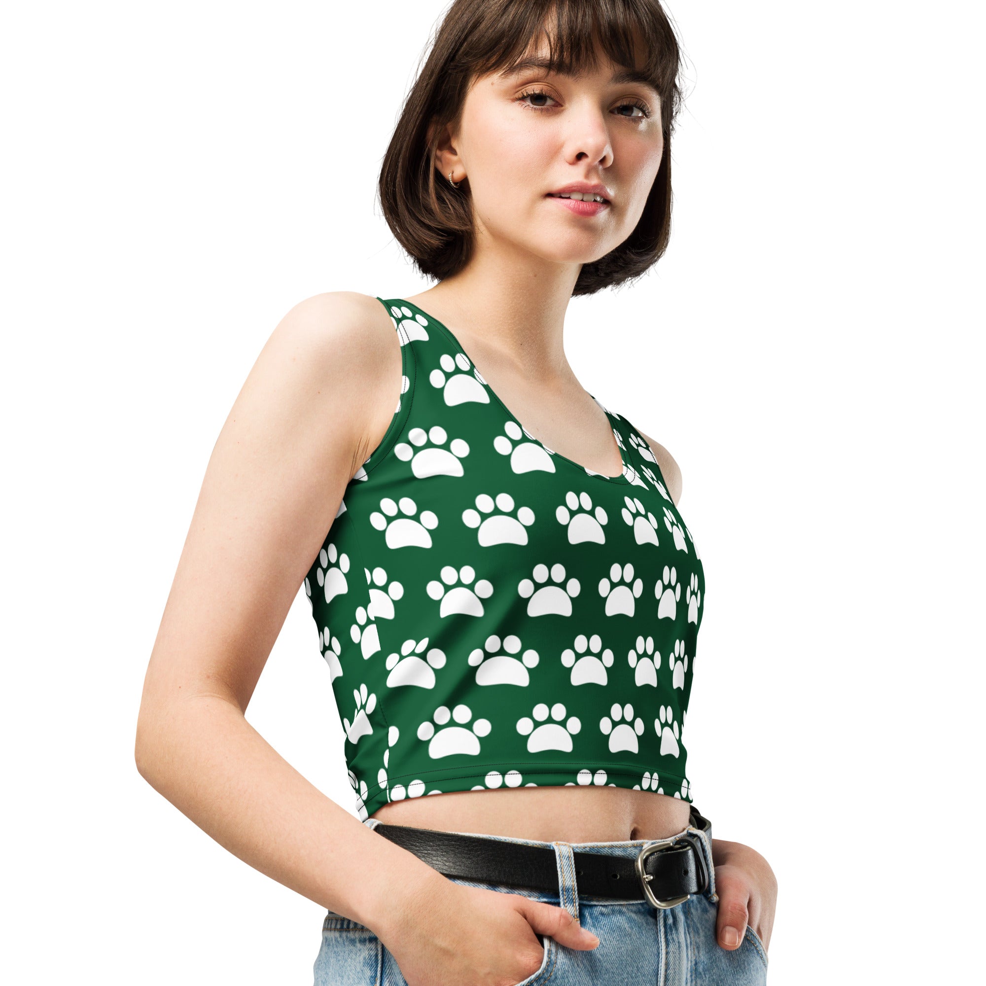 Women's Dark Green Paw Print Buttery Soft Crop Top- Quick-Drying UPF 50+ Stretch Top