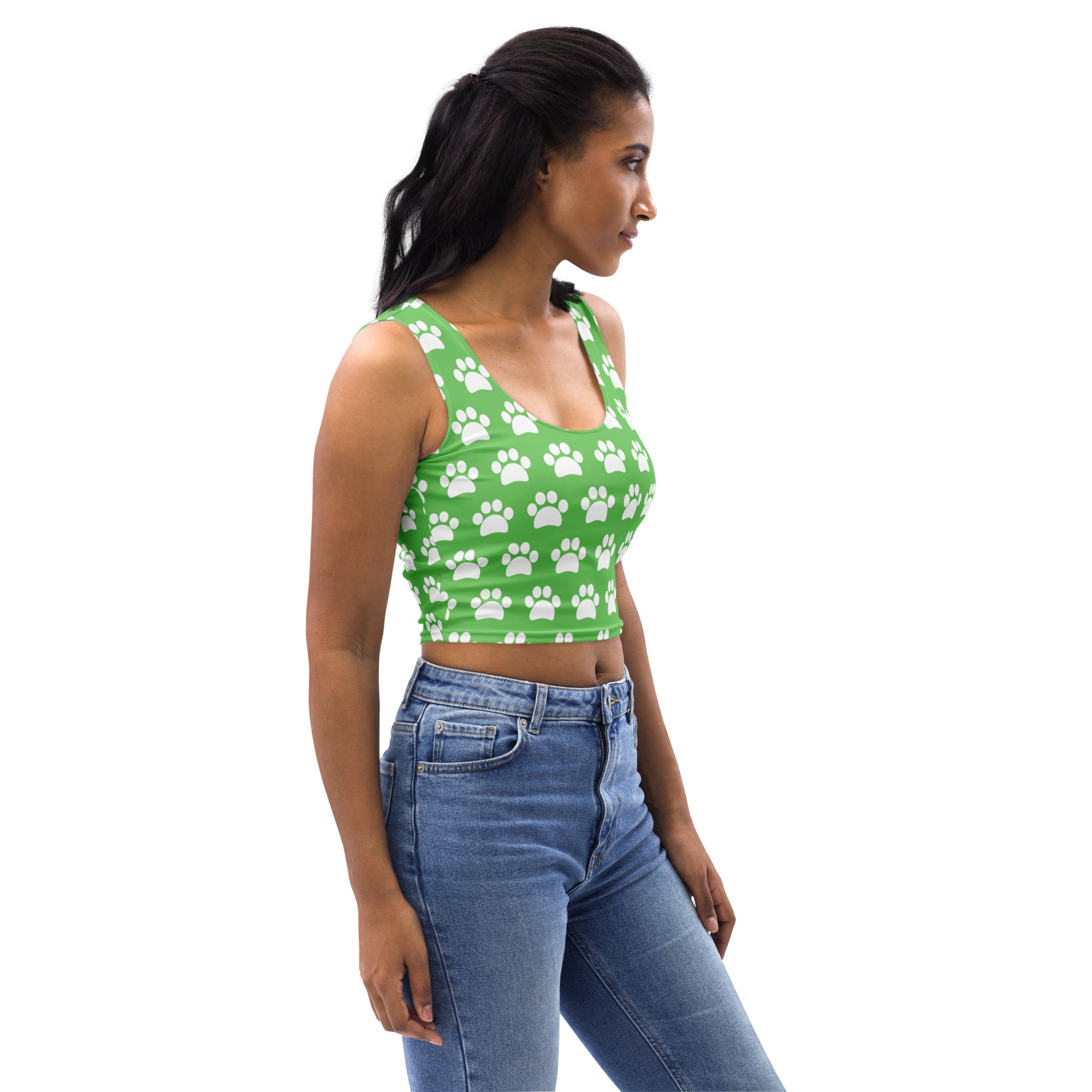 Women's Green Paw Print Buttery Soft Crop Top- Quick-Drying UPF 50+ Stretch Top