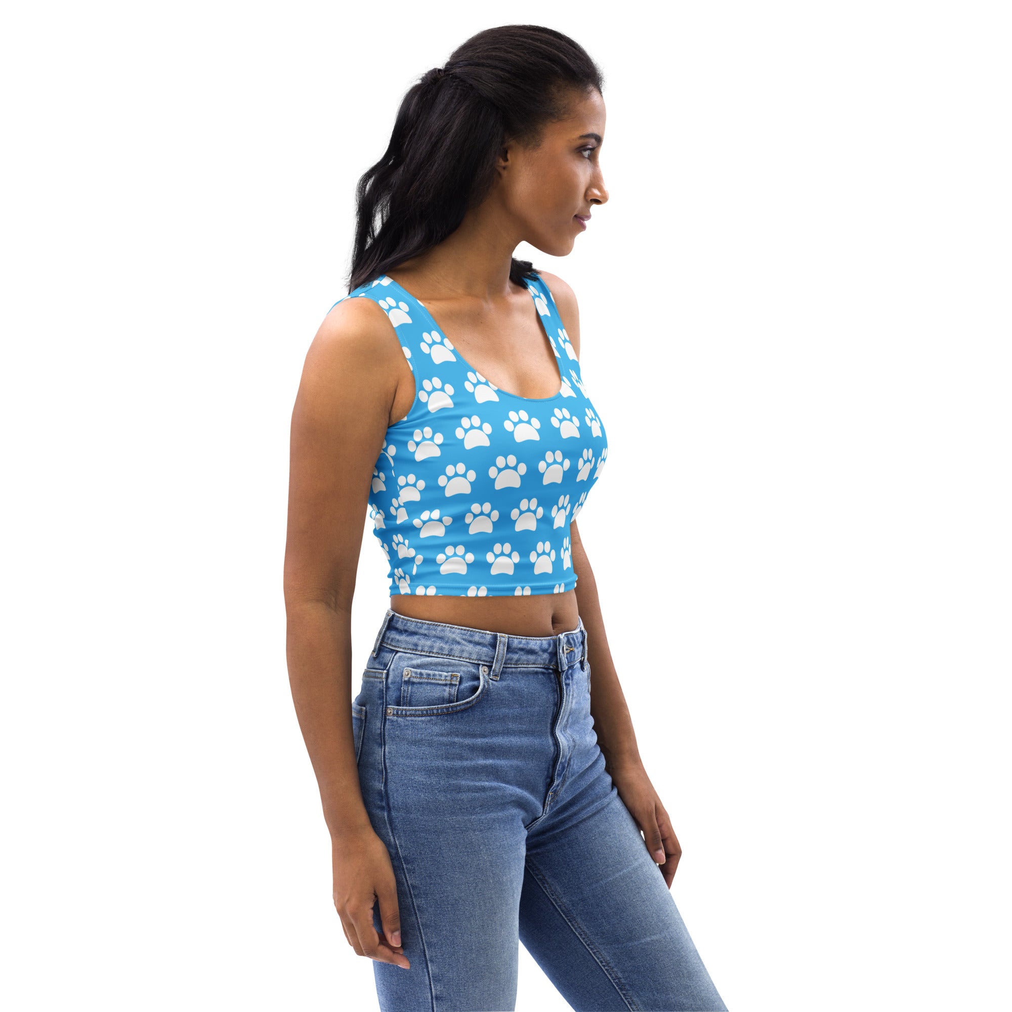 Women's Light Blue Paw Print Buttery Soft Crop Top- Quick-Drying UPF 50+ Stretch Top