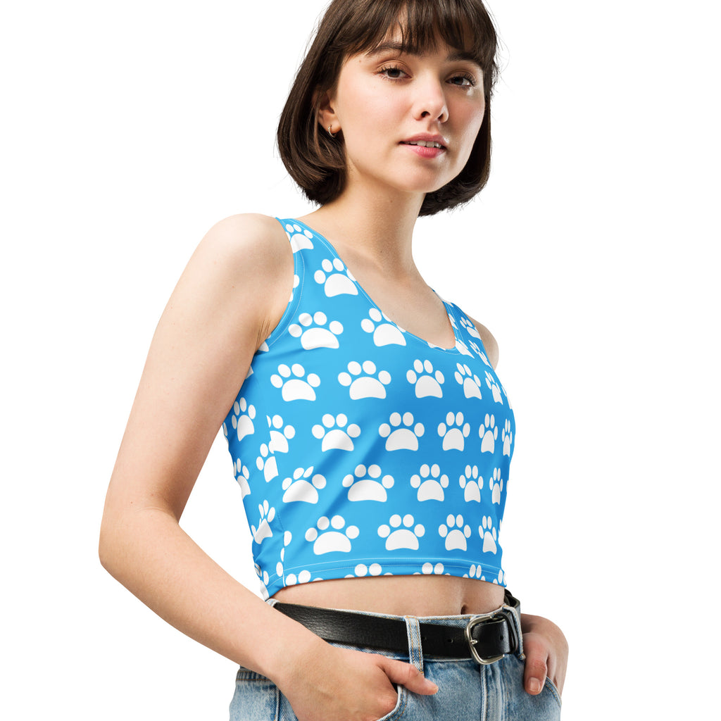 Women's Light Blue Paw Print Buttery Soft Crop Top- Quick-Drying UPF 50+ Stretch Top