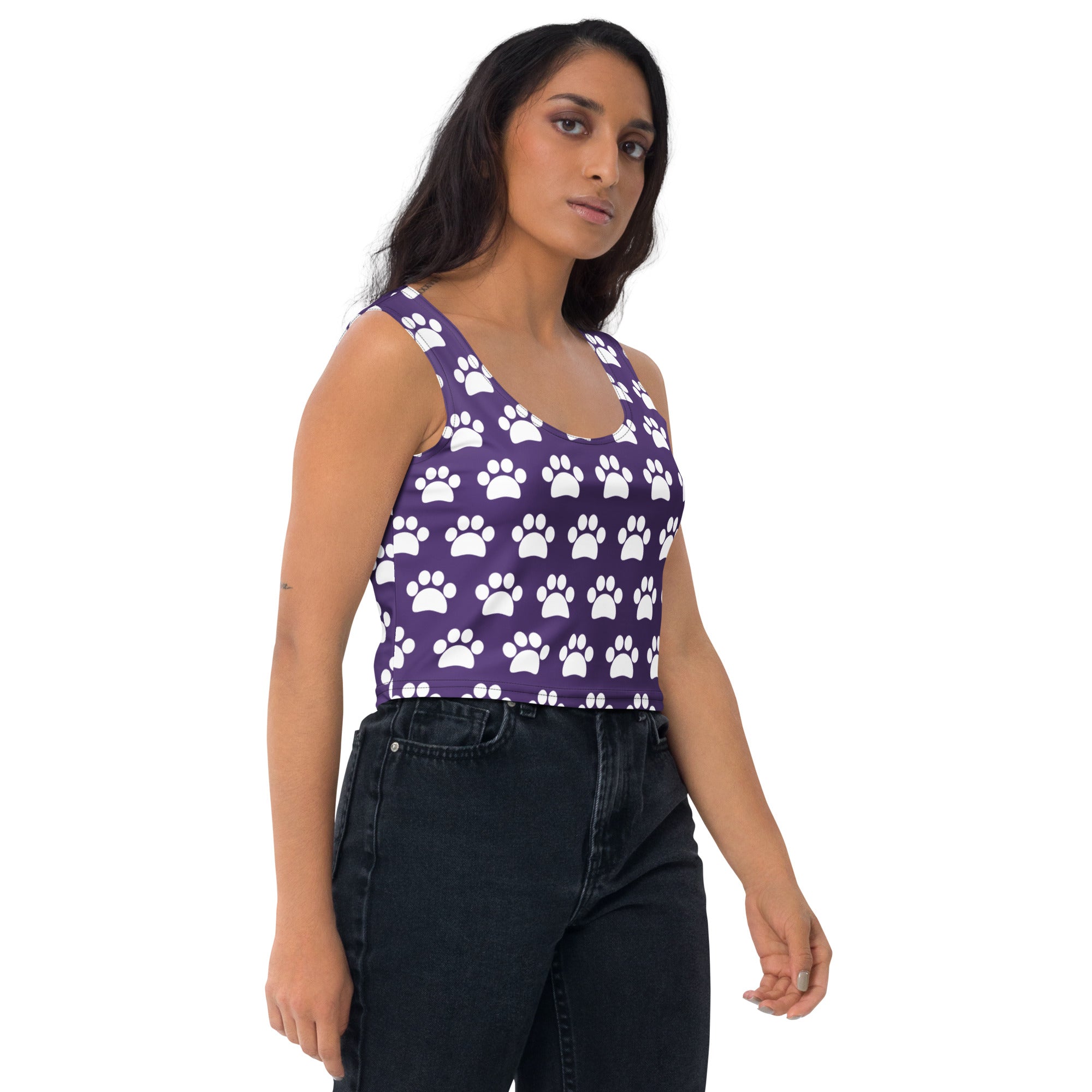 Women's Dark Purple Paw Print Buttery Soft Crop Top- Quick-Drying UPF 50+ Stretch Top
