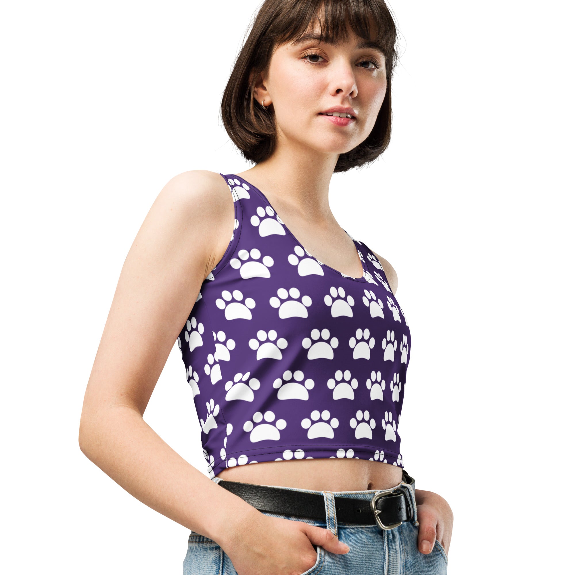Women's Dark Purple Paw Print Buttery Soft Crop Top- Quick-Drying UPF 50+ Stretch Top
