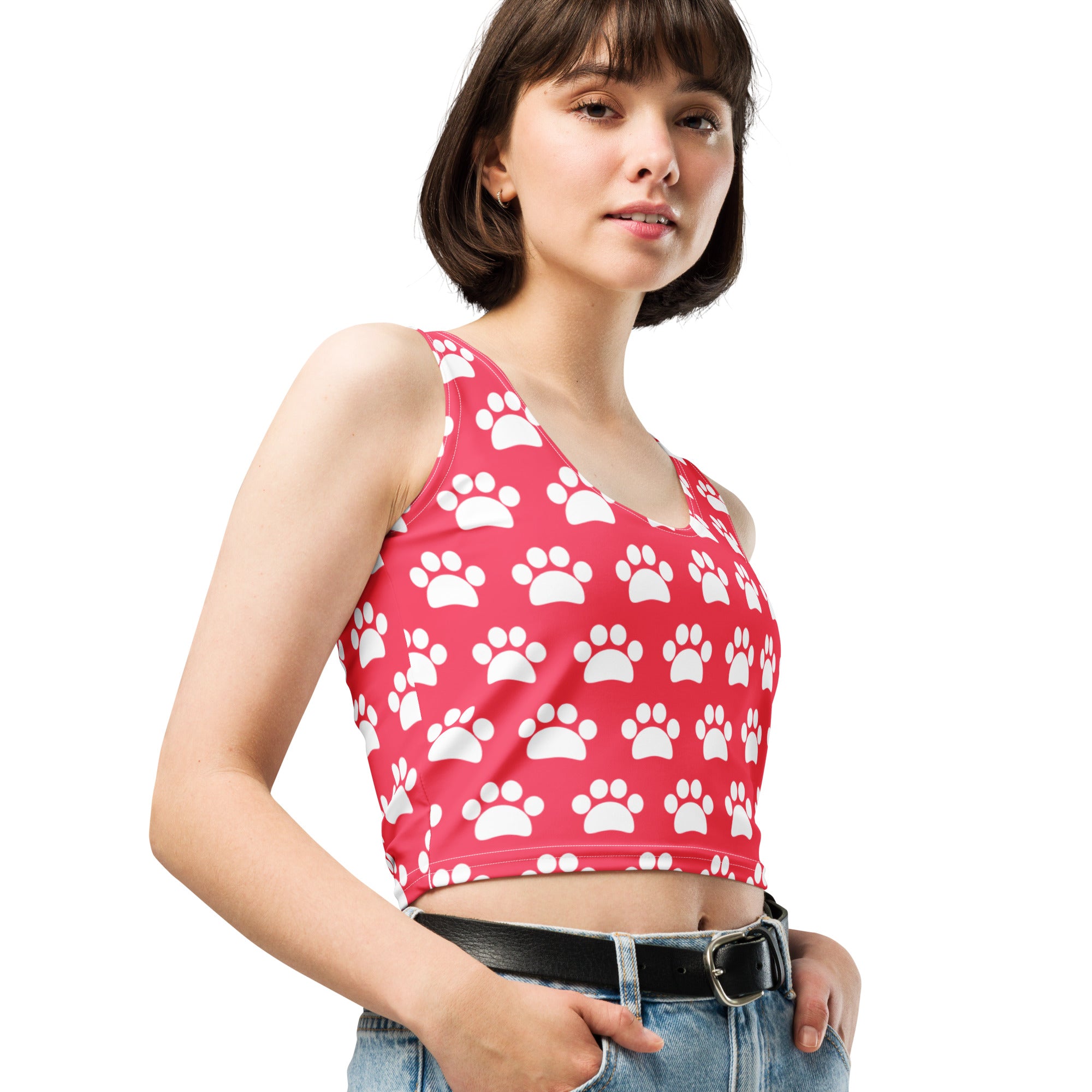 Women's Bright Pink Paw Print Buttery Soft Crop Top- Quick-Drying UPF 50+ Stretch Top