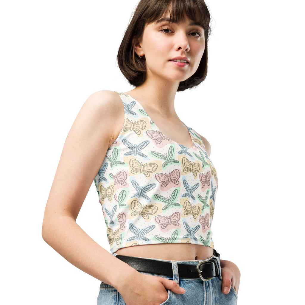 Women's Pastel Butterflies And Dragonflies Buttery Soft Crop Top- Quick-Drying UPF 50+ Stretch Top