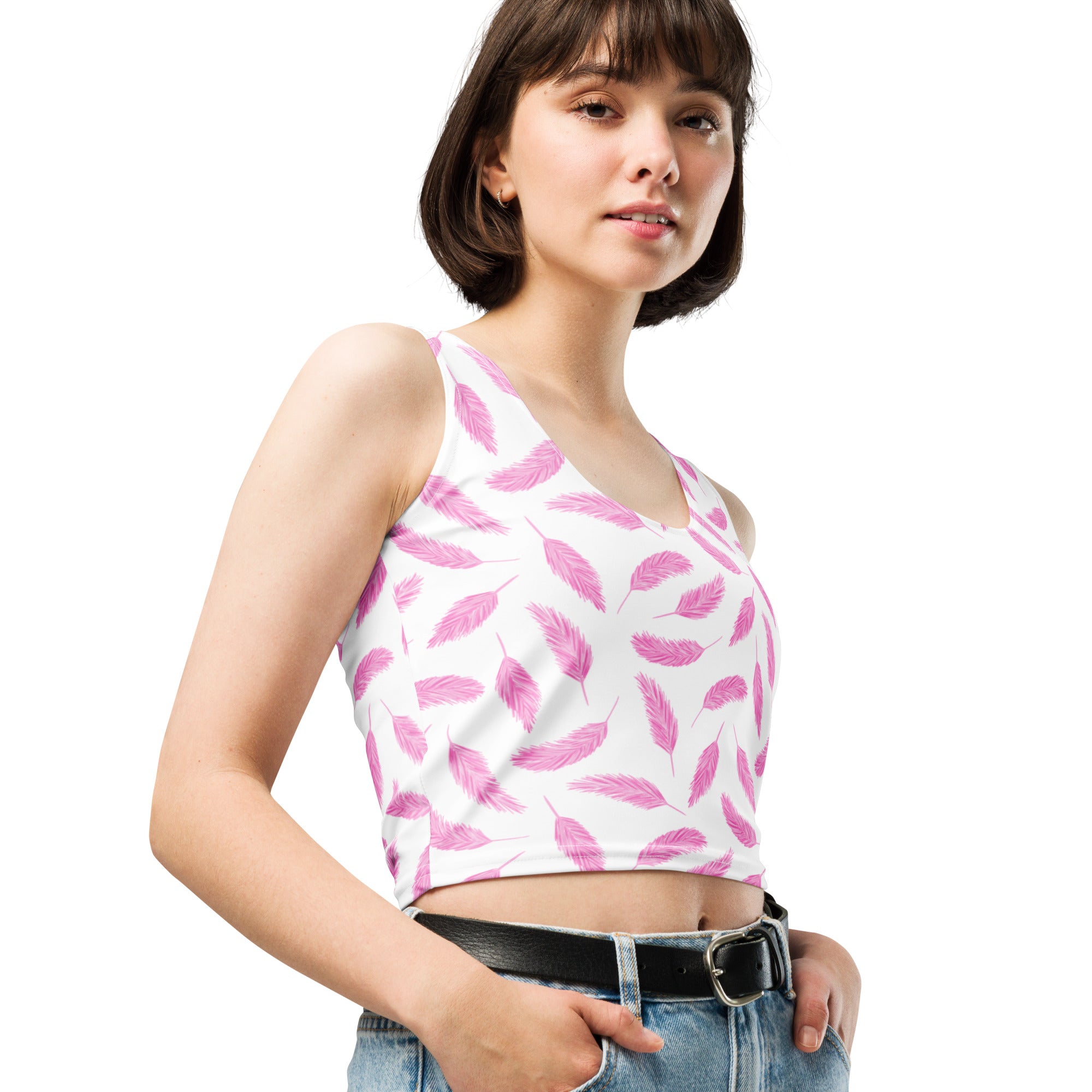 Women's Pink Flamingo Feather Buttery Soft Crop Top- Quick-Drying UPF 50+ Stretch Top