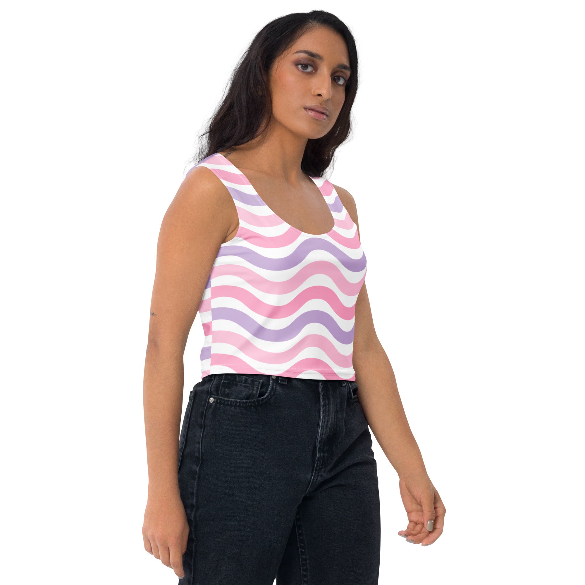 Women's Pink Wavy Stripe Buttery Soft Crop Top- Quick-Drying UPF 50+ Stretch Top