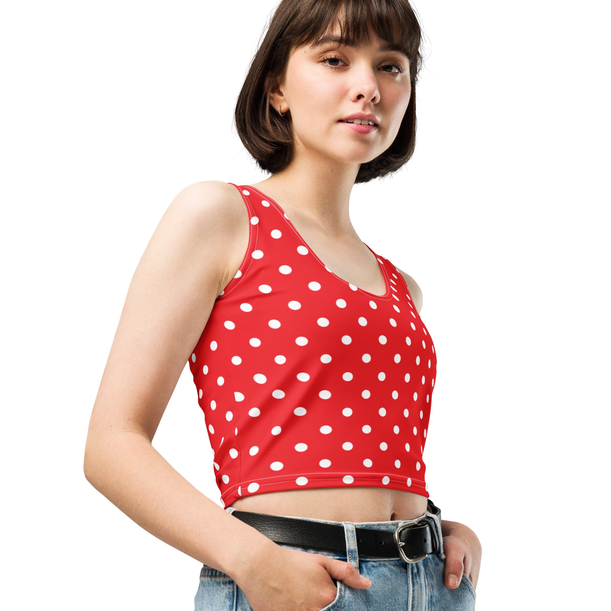 Women's Red Polka Dot Buttery Soft Crop Top- Quick-Drying UPF 50+ Stretch Top