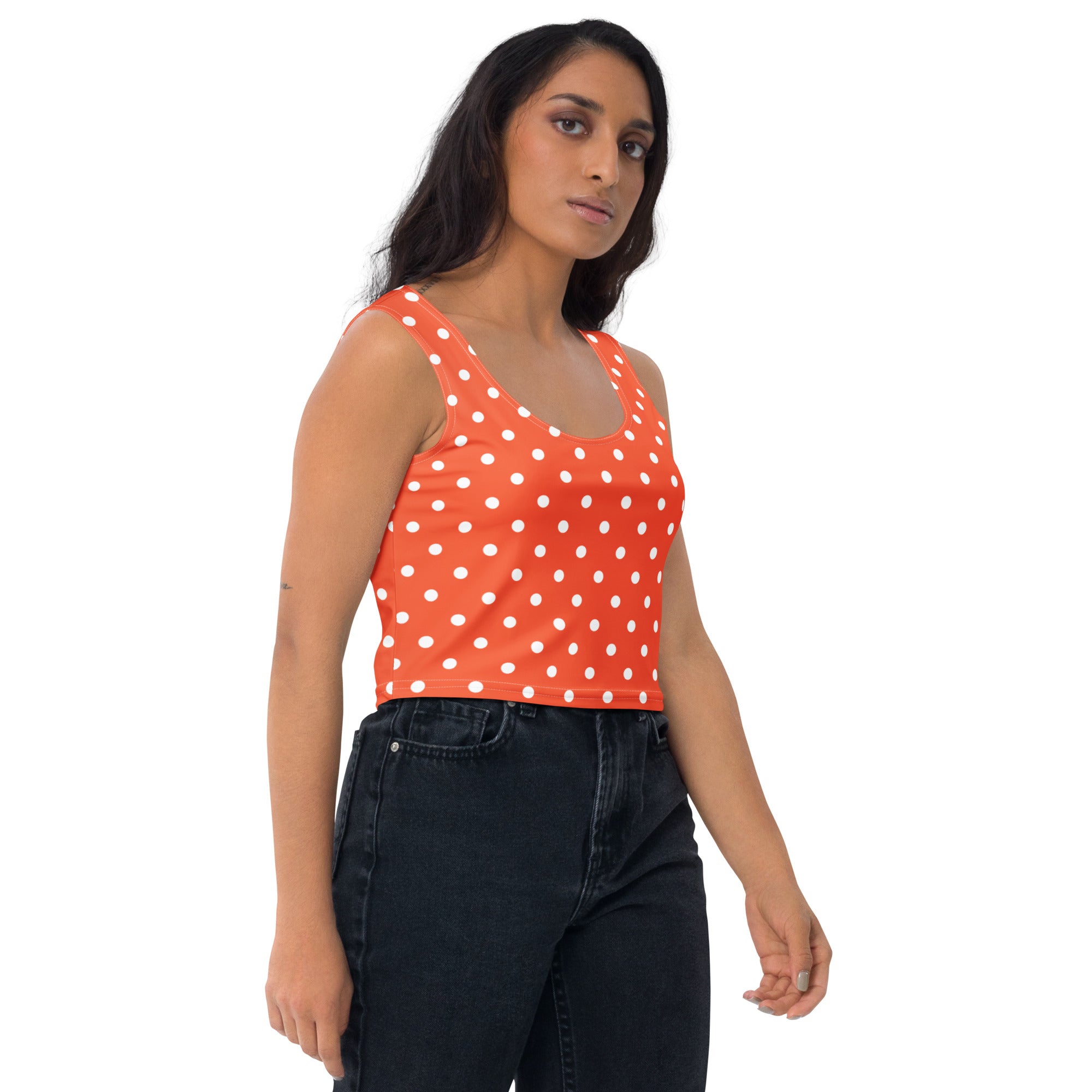 Women's Bright Orange Polka Dot Buttery Soft Crop Top- Quick-Drying UPF 50+ Stretch Top