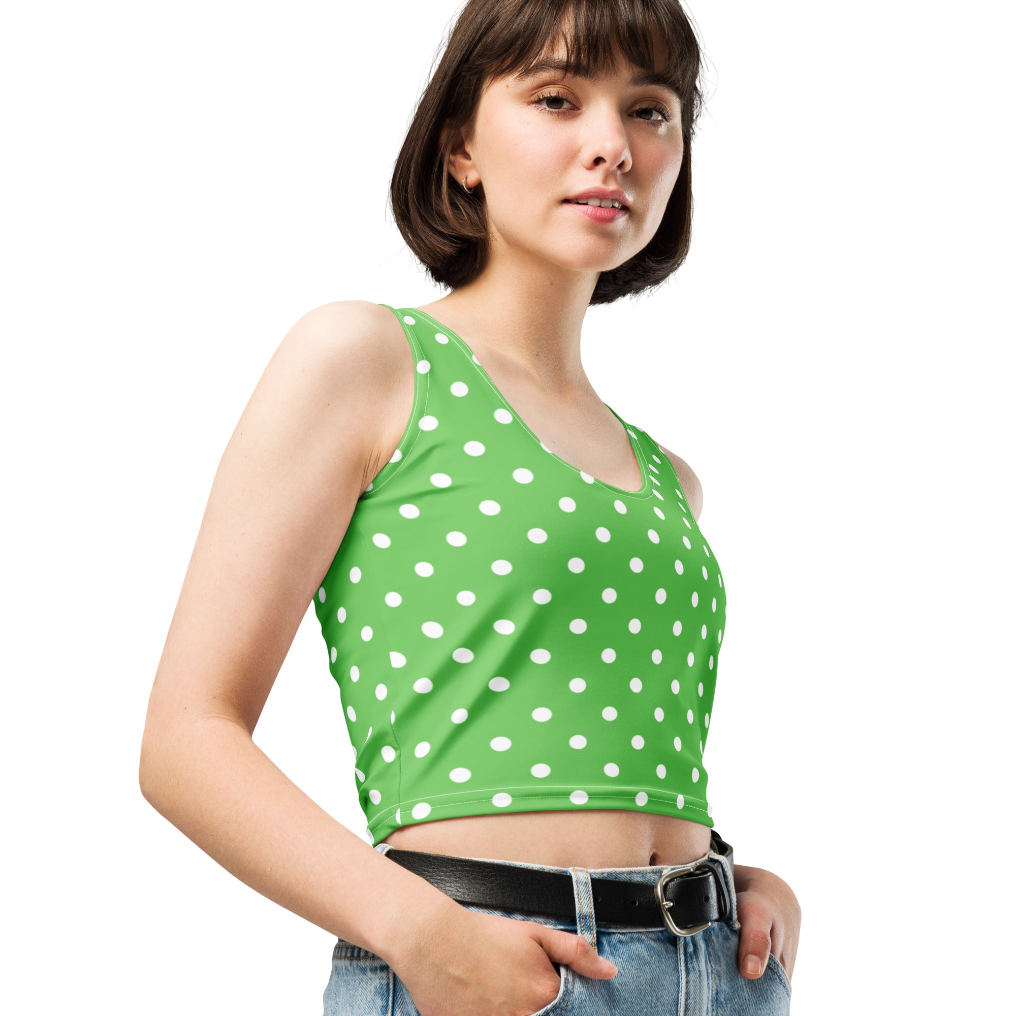 Women's Green Polka Dot Buttery Soft Crop Top- Quick-Drying UPF 50+ Stretch Top