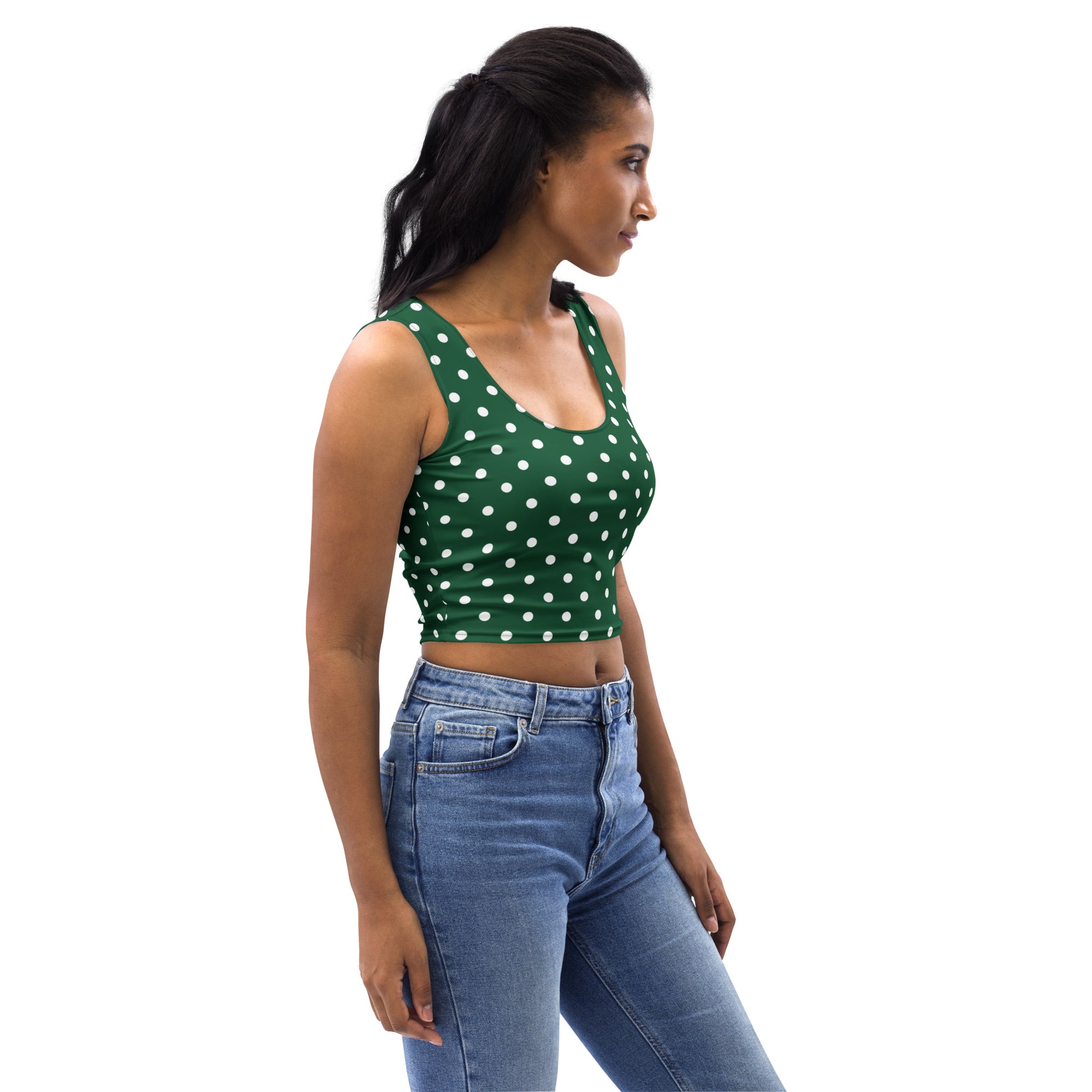 Women's Dark Green Polka Dot Buttery Soft Crop Top- Quick-Drying UPF 50+ Stretch Top