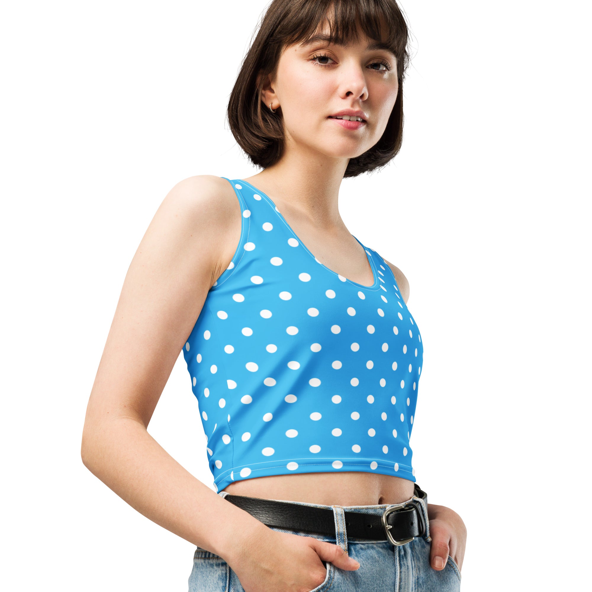 Women's Light Blue Polka Dot Buttery Soft Crop Top- Quick-Drying UPF 50+ Stretch Top