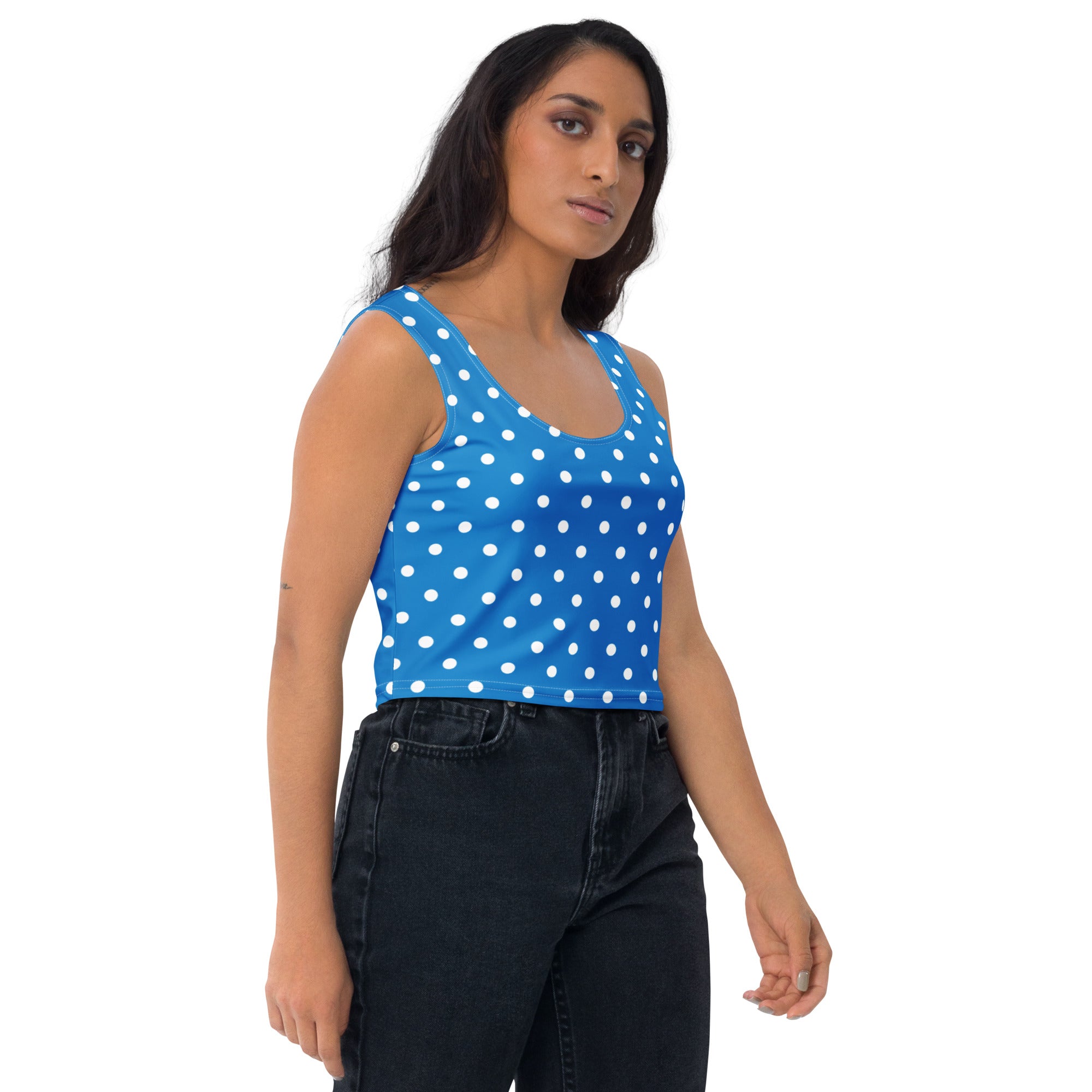Women's Royal Blue Polka Dot Buttery Soft Crop Top- Quick-Drying UPF 50+ Stretch Top