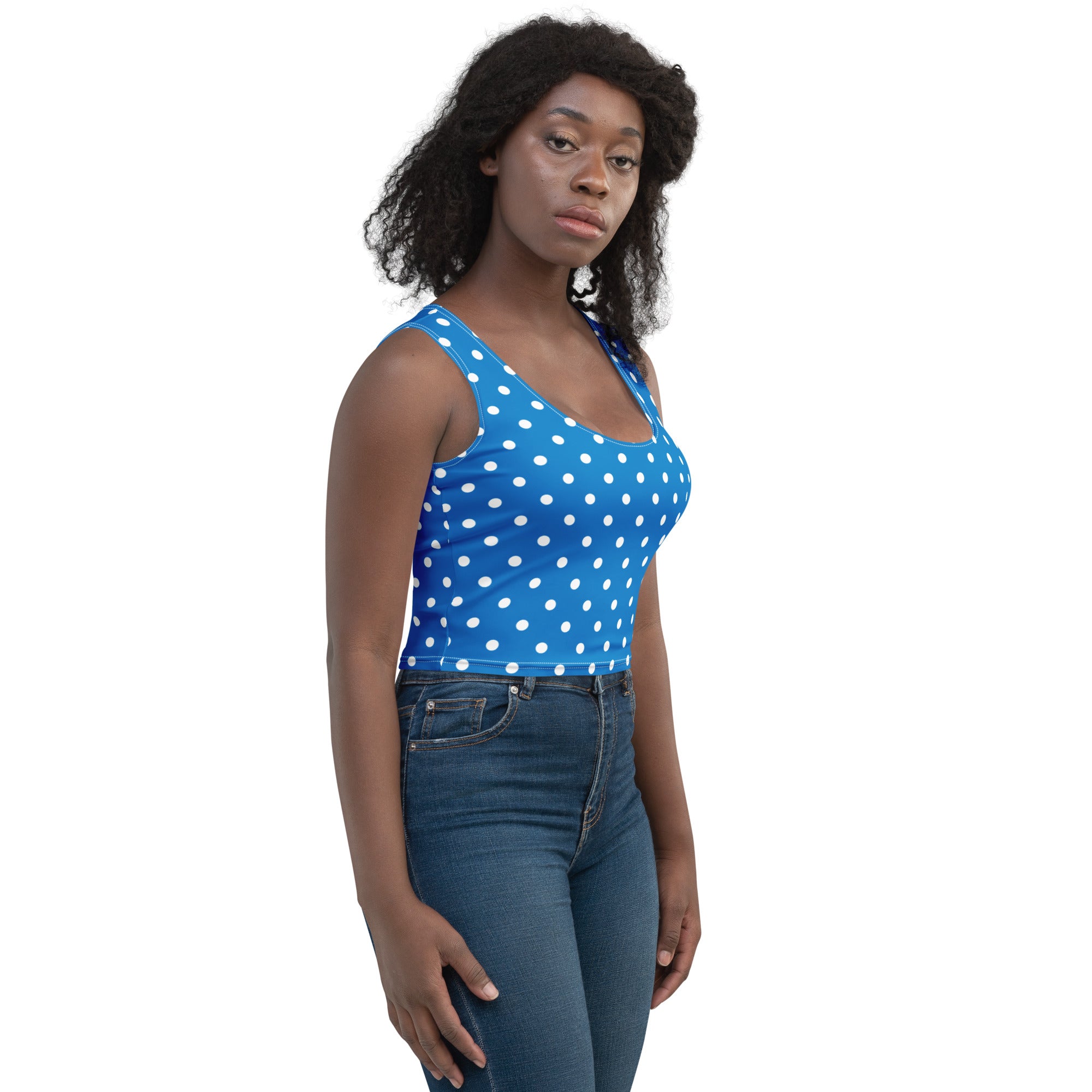 Women's Royal Blue Polka Dot Buttery Soft Crop Top- Quick-Drying UPF 50+ Stretch Top