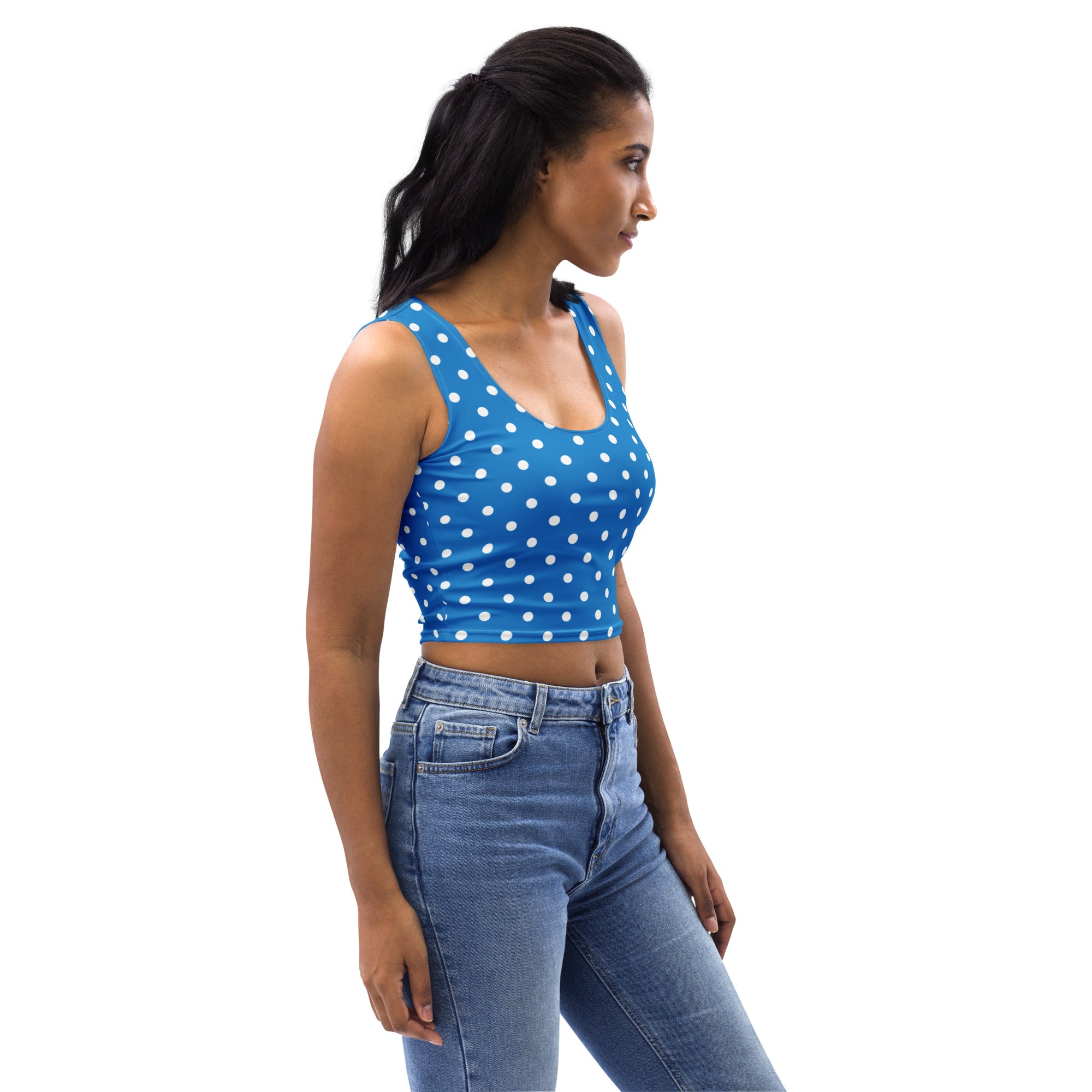 Women's Royal Blue Polka Dot Buttery Soft Crop Top- Quick-Drying UPF 50+ Stretch Top
